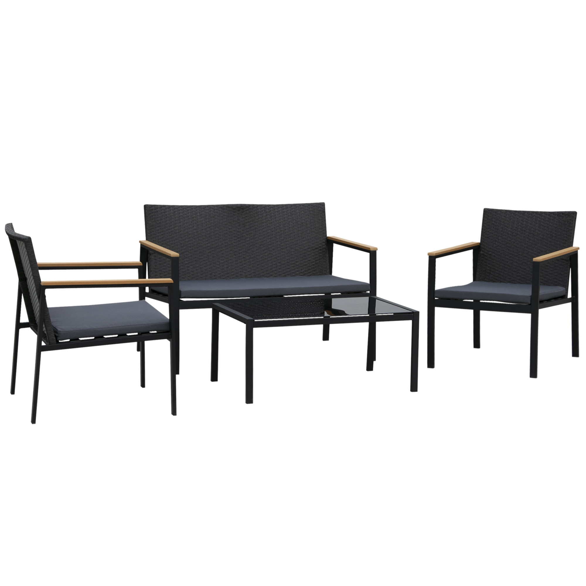 Gradina & balcon -  Set Mobilier de Gradina din Ratan din 2 Scaune cu Brate pentru Terasa, Banca si Masa de Cafea, 80x42x37 cm, Negru