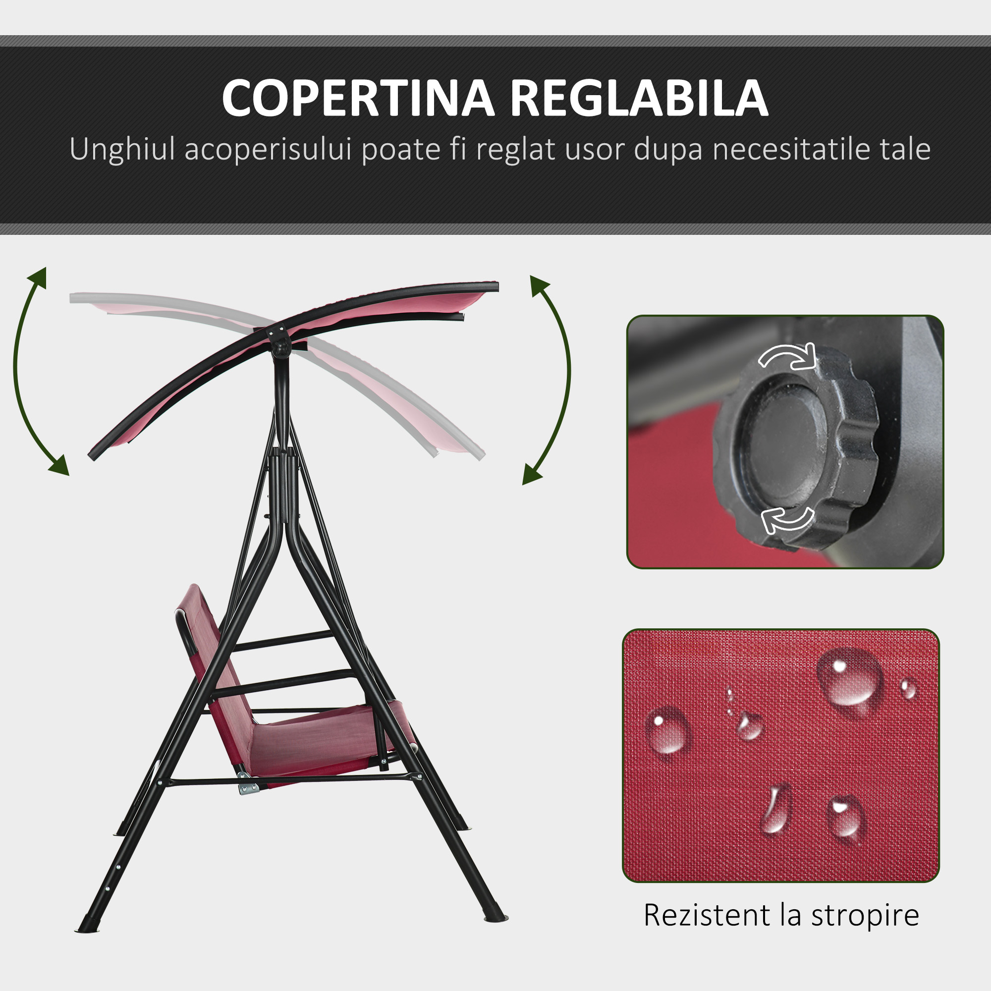  Balansoar de Gradina cu 3 Locuri, Copertina Parasolar Reglabila si sezut Respirabil, 172x110x153 cm, Rosu Vin [3]