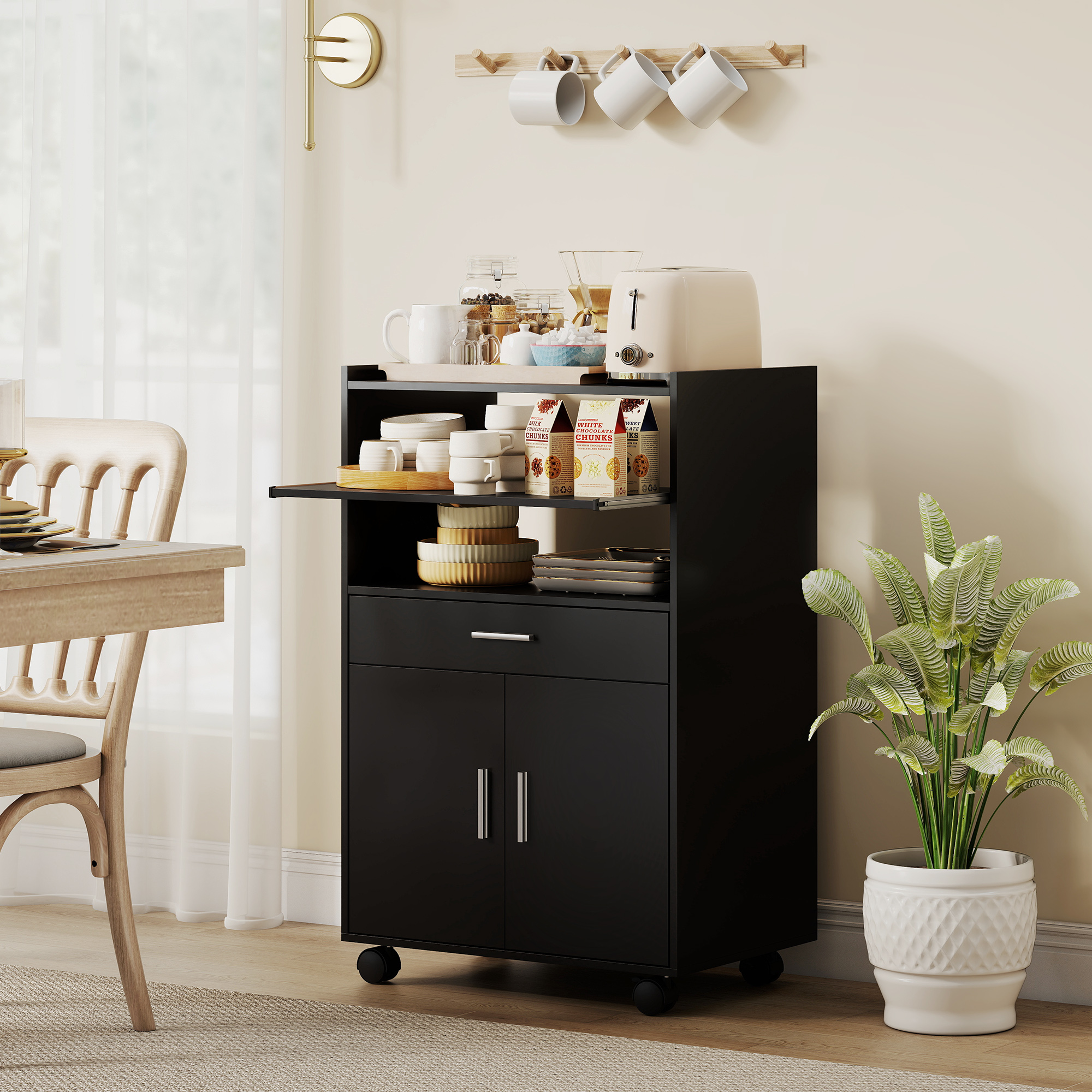  Dulap pentru Cuptorul cu Microunde cu Sertar, Dulap si 2 Rafturi Negru [1]