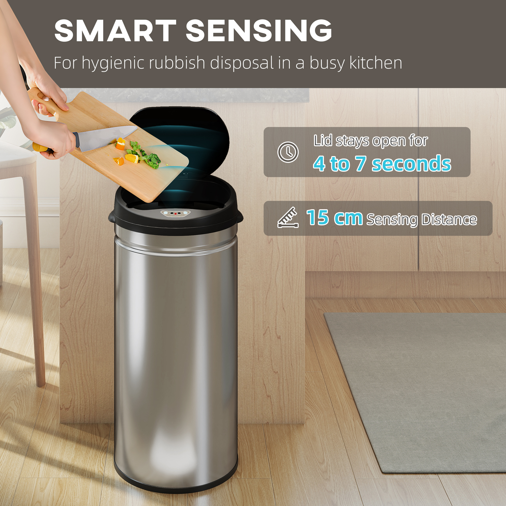  Cos de Gunoi de 42L cu Senzor de Miscare si Deschidere Automata, 30.5x30.5x68 cm, Negru si Argintiu [3]