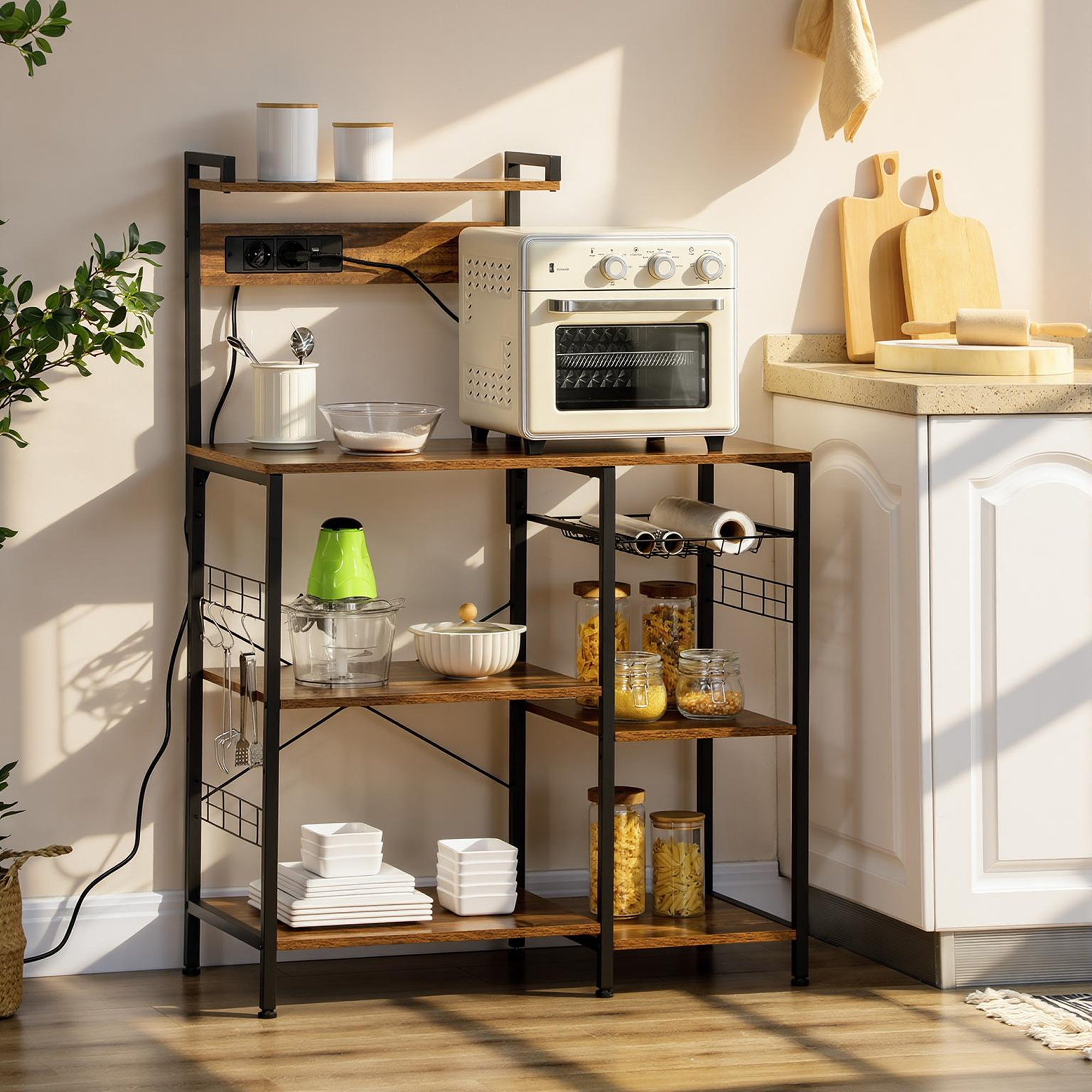  Raft de bucatarie cu priza multipla pentru microunde, cu rafturi si cos din plasa, 90x42x130cm, maro [1]