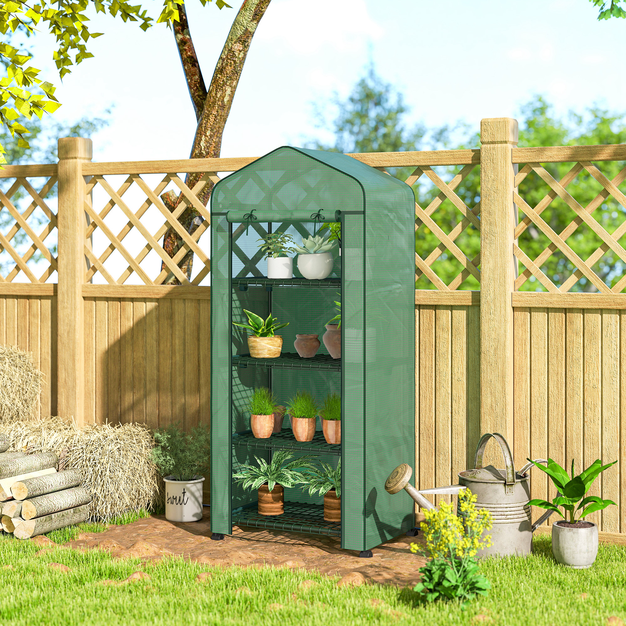  Sera Portabila, Sera pentru Plante, Flori, Structura Exterioara cu 4 Rafturi, Acoperire PE, Verde [8]