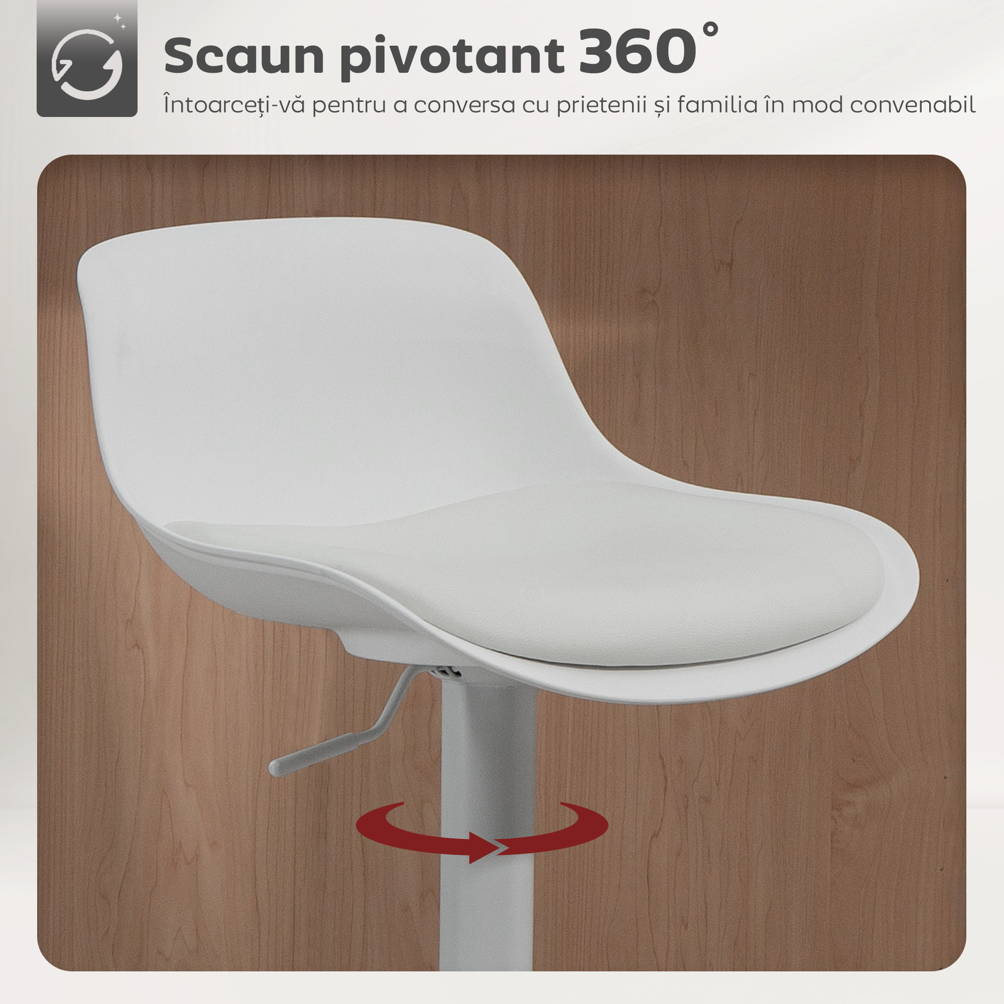  Set de 2 Scaune de Bar Rotative cu Spatar si inaltime Reglabila Alb [4]