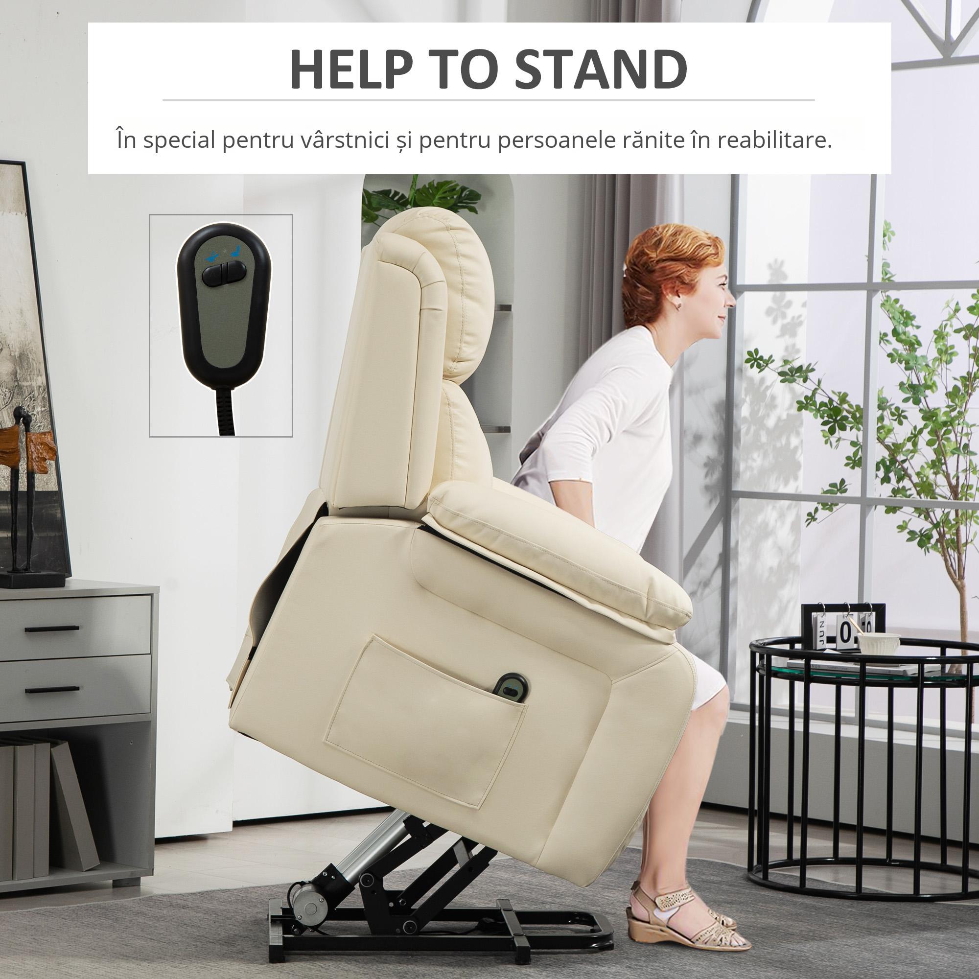  Fotoliu cu Functie de Ridicare Reclinabil la 160° cu Suport pentru Picioare si Telecomanda, din Piele PU si Otel, 76x90x105 cm, Crem [5]