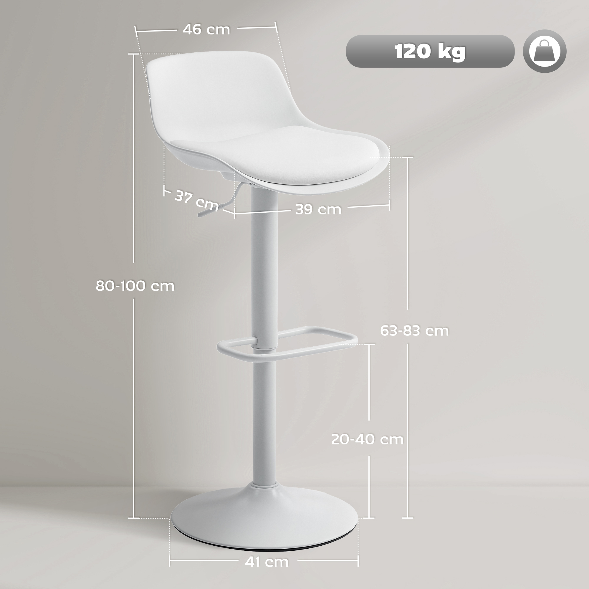  Set de 2 Scaune de Bar Rotative cu Spatar si inaltime Reglabila Alb [2]