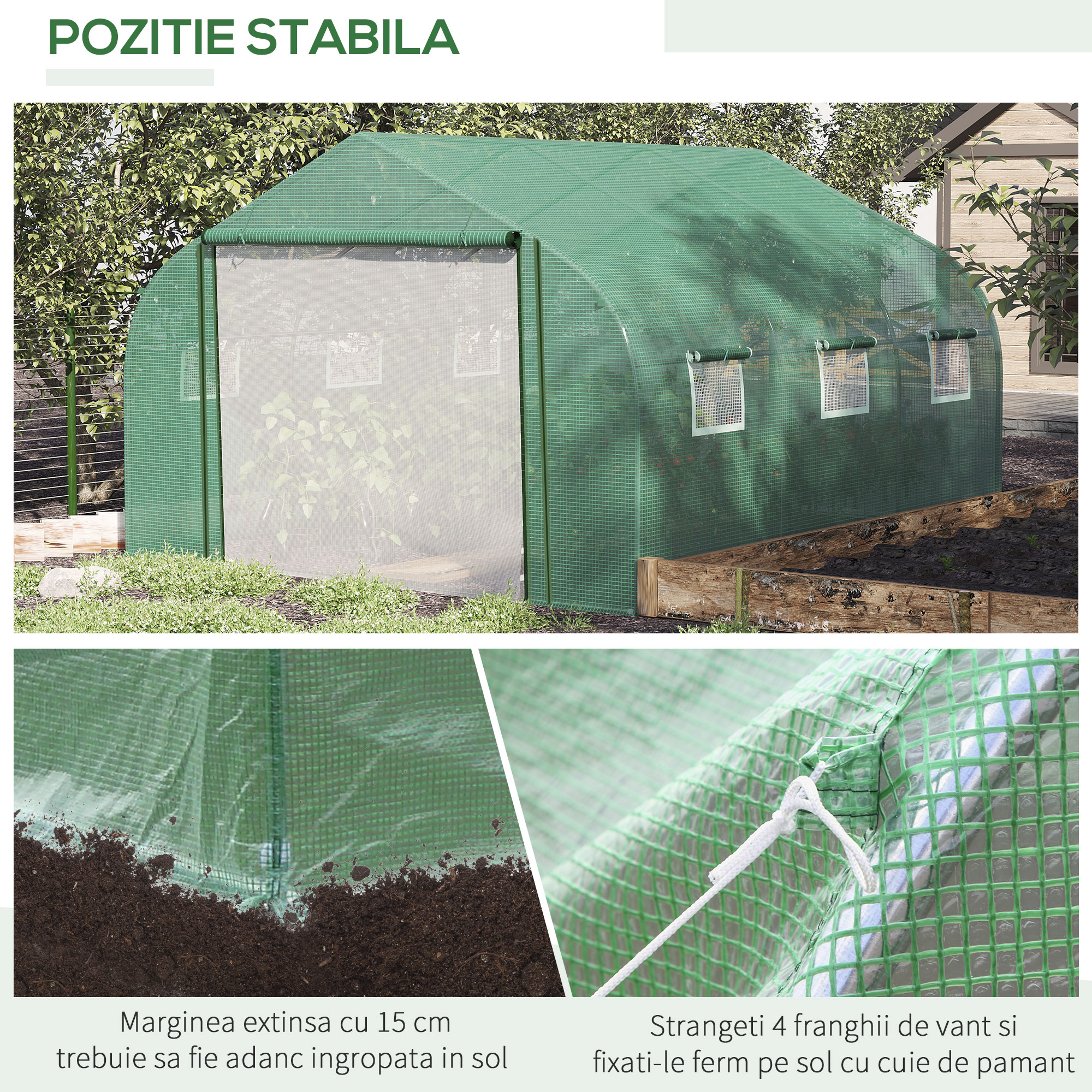  Sera Tunel cu Protectie PE si Structura din Otel, Poarta Tip Rulou si 6 Ferestre, 347x300x200 cm, Verde [5]