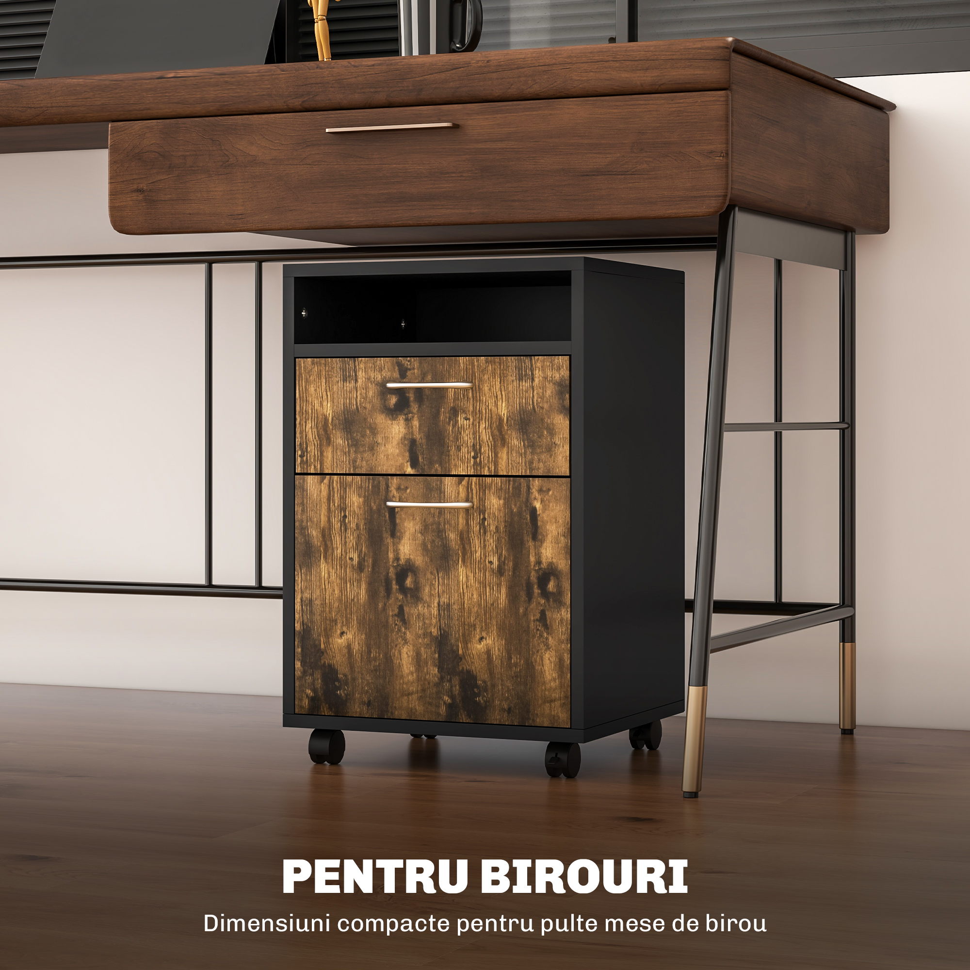  Comoda pentru documente cu sertar si raft, 4 roti, 40x35x60cm, maro si negru [4]
