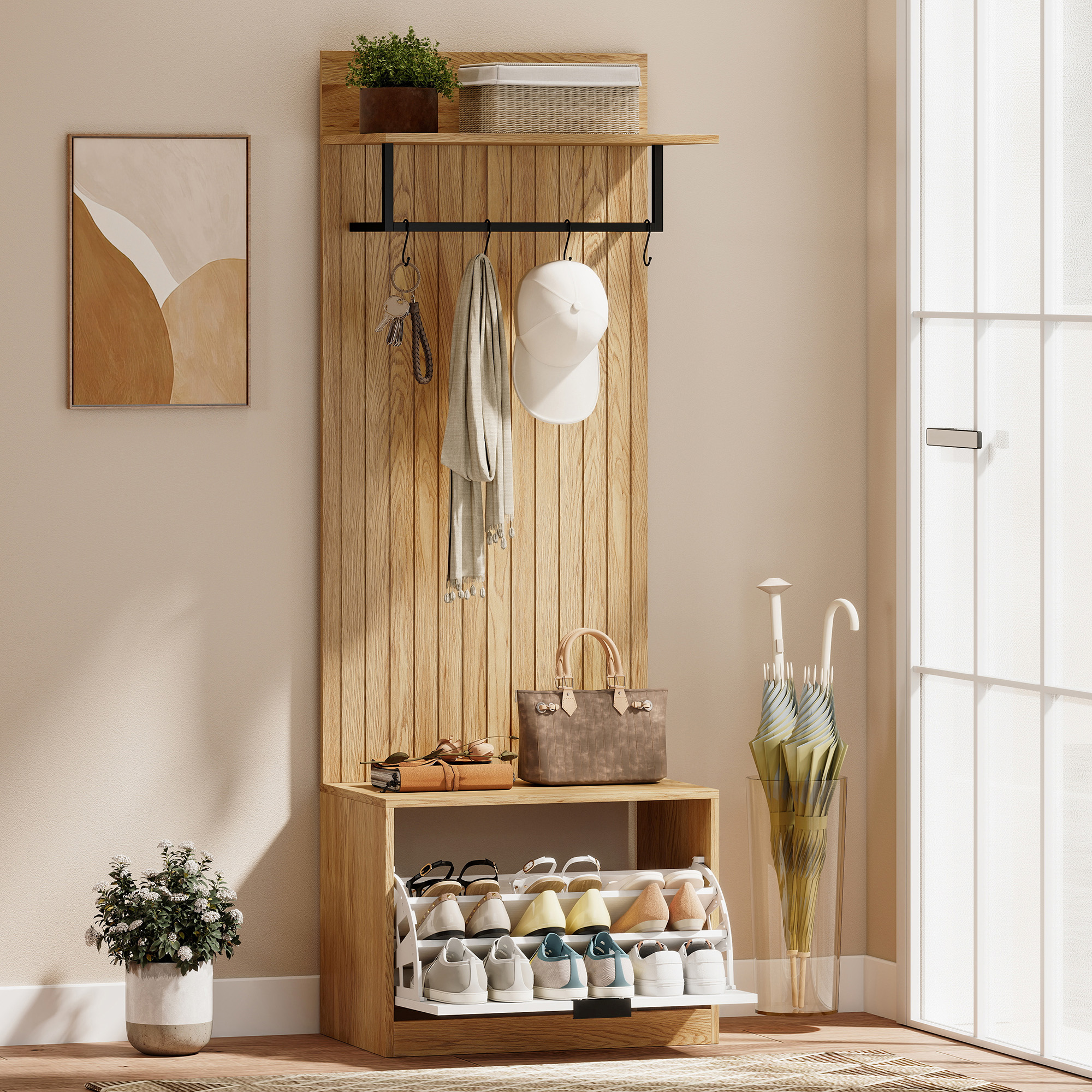  Cuier de Hol cu Pantofar Rabatabil, Cuier cu Banca, 4 Carlige si Rafturi pentru Pantofi, Organizator Modern pentru Hol si Coridor, Stejar si Alb [1]