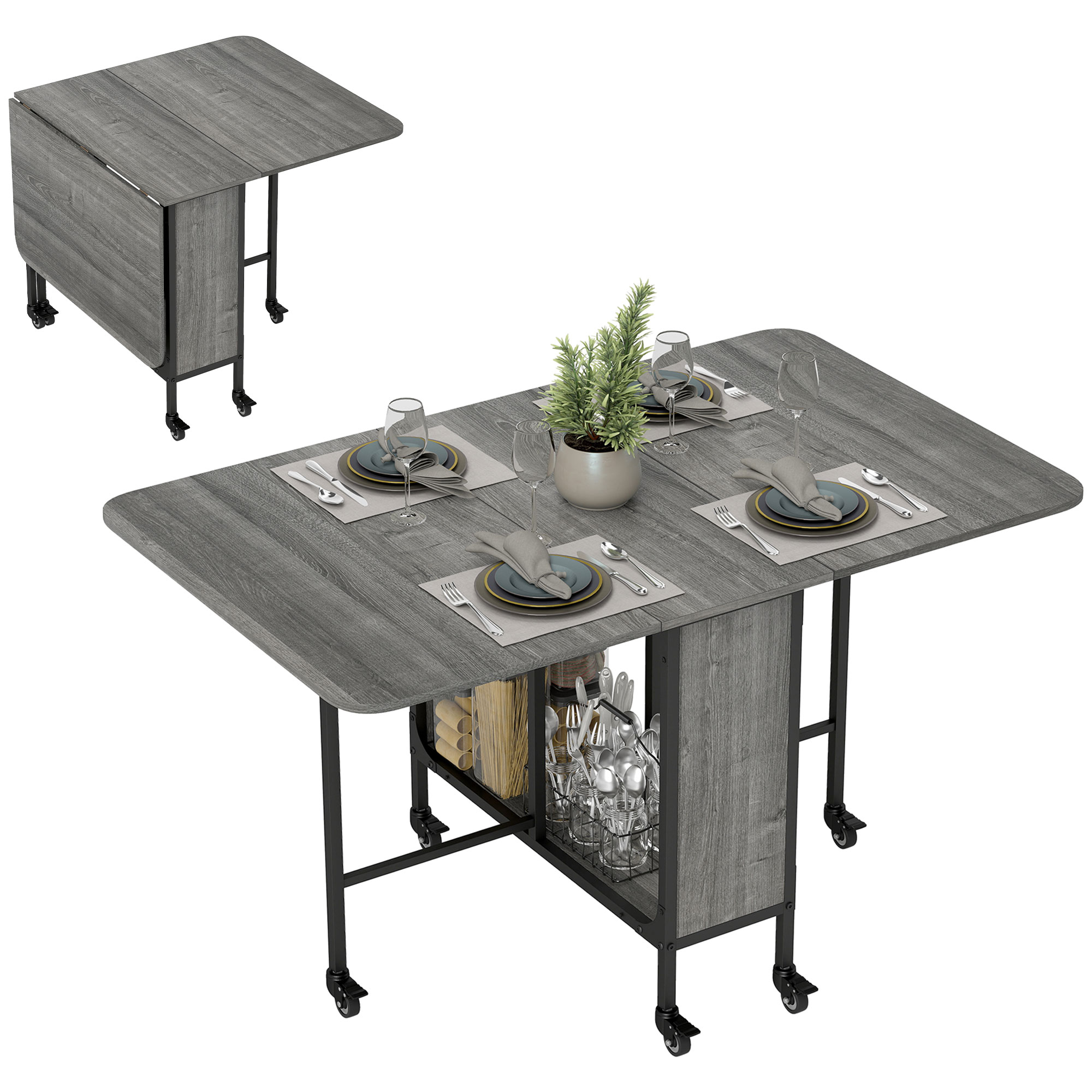 Bucatarie -  Masa de dining pliabila pentru maximum 6 persoane, cu raft, din lemn si metal, 130x80x74 cm, gri