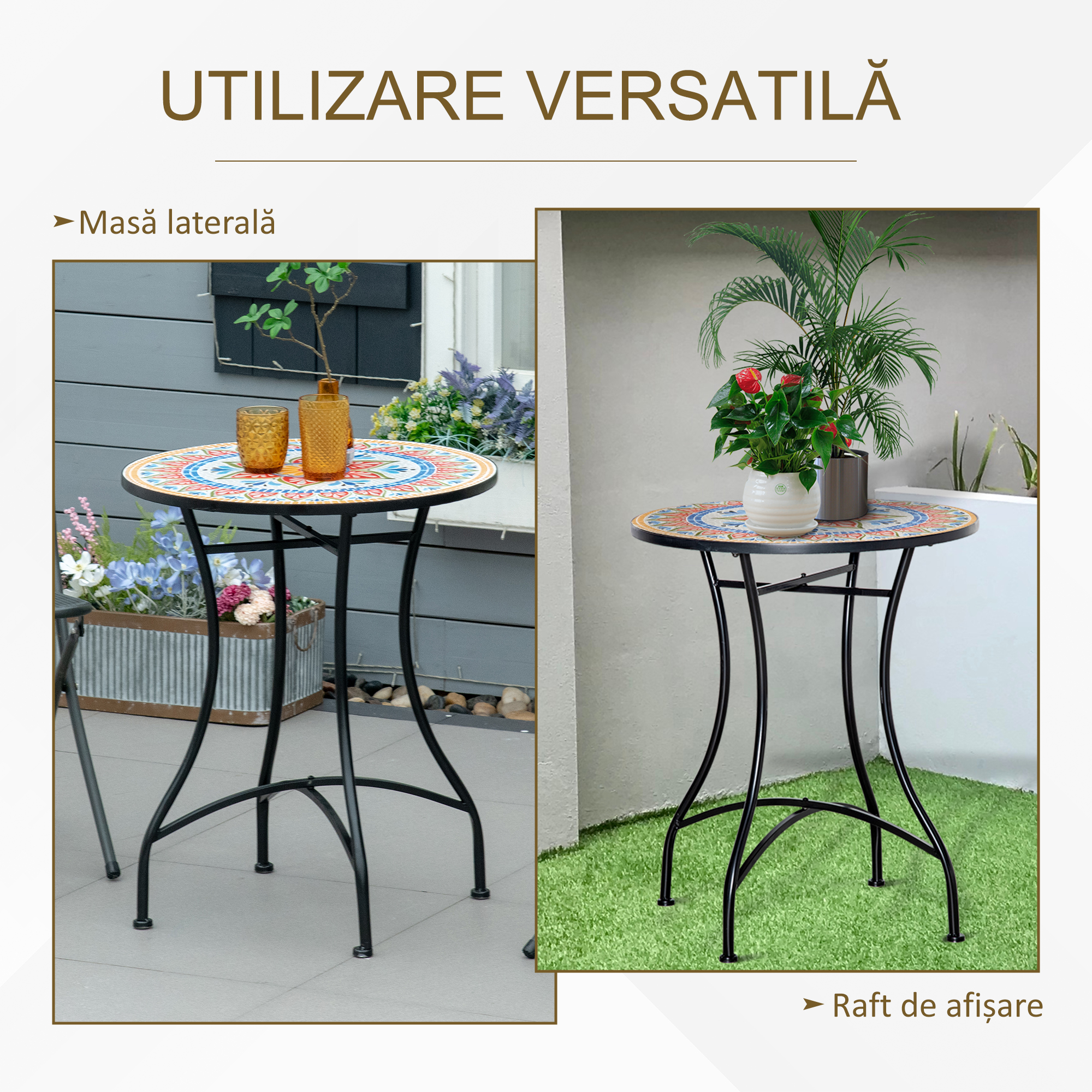  Masa Rotunda Stil Bistro de 60 cm cu Mozaic pentru Gradina, Veranda, Exterior, Balcon, Gri [3]