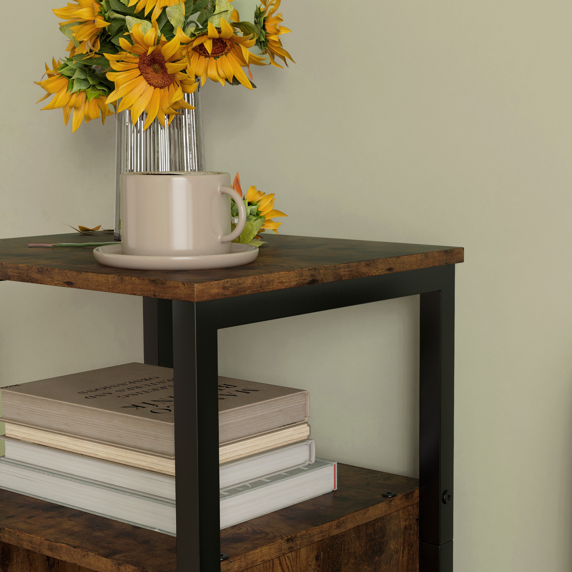  Noptiera in Stil Industrial cu 2 Rafturi Deschise si Raft Interior Reglabil pe 3 Nivele, 34x30x80 cm, Maro Rustic [8]