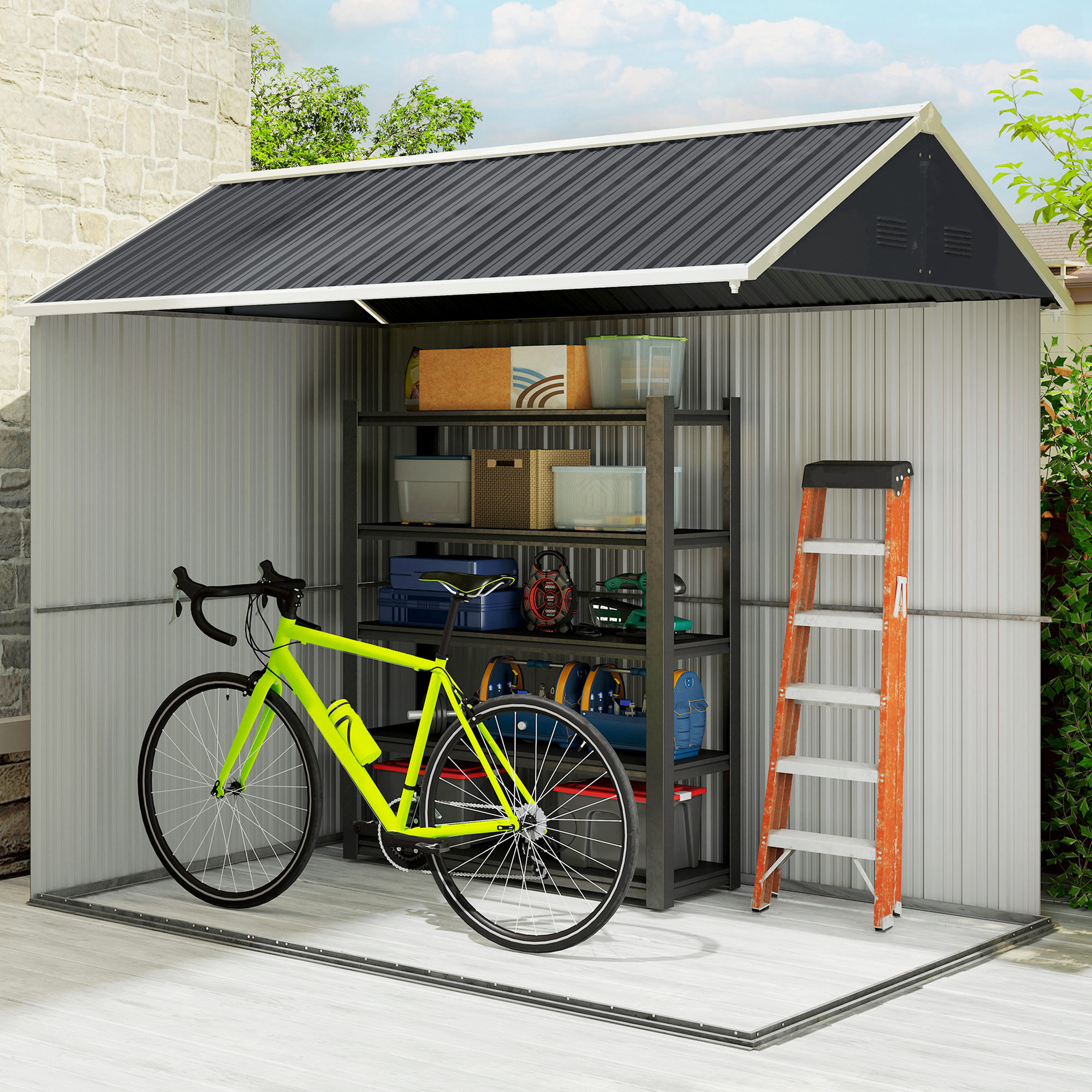  Magazie de Gradina din Otel Galvanizat si PP cu 4 Guri de Aerisire si Fereastra, 259x171x222 cm, Gri si Alb [8]