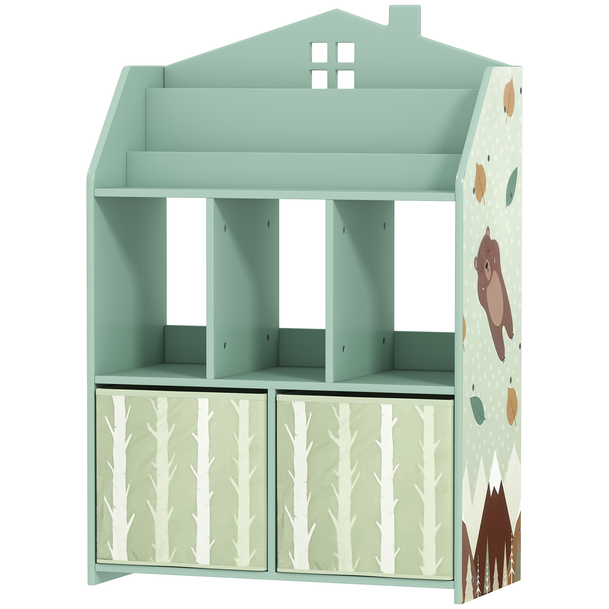  Etajera pentru jucarii cu sertare din material textil rafturi deschise design cu ursuleti organizator de jucarii Verde [5]