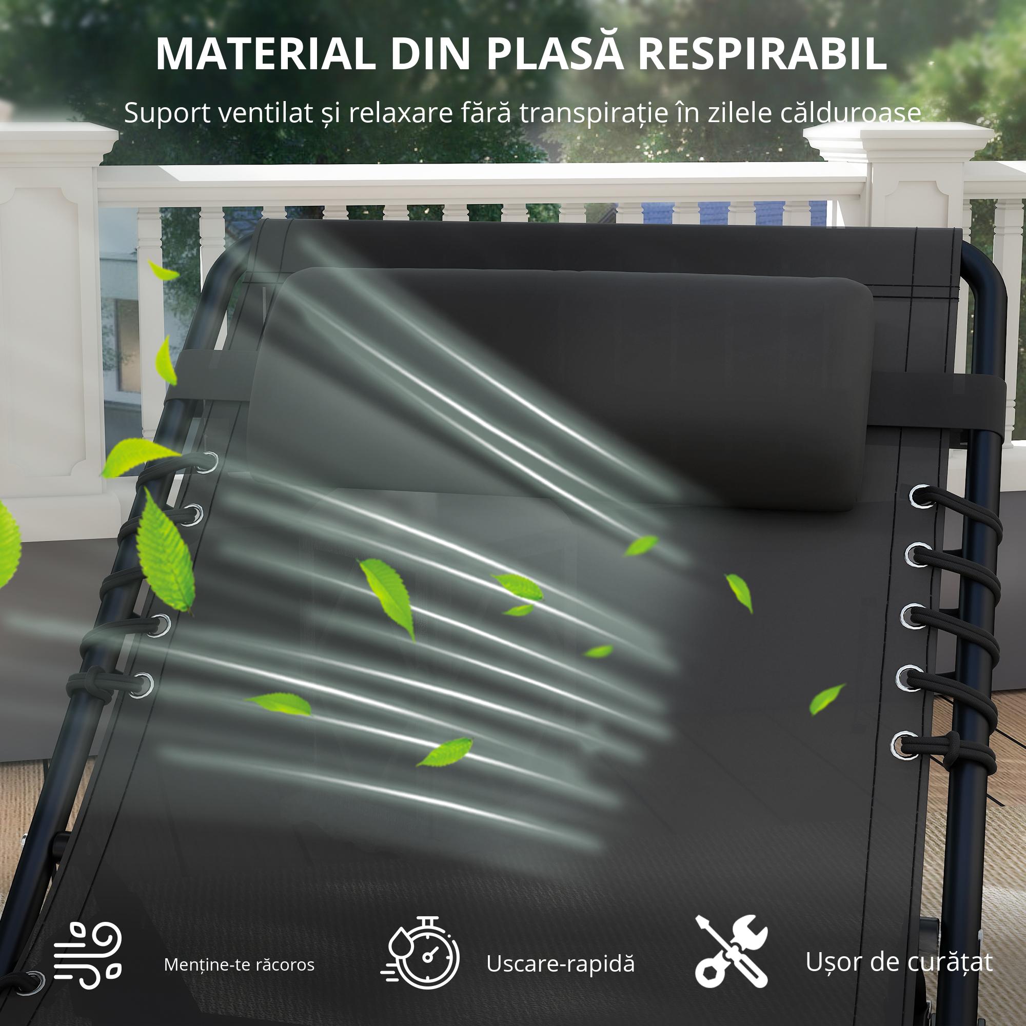  Sezlong Portabil din Otel si Tesatura tip Plasa Respirabila cu Spatar Rabatabil in 4 Pozitii, 189x58x30 cm, Negru [4]