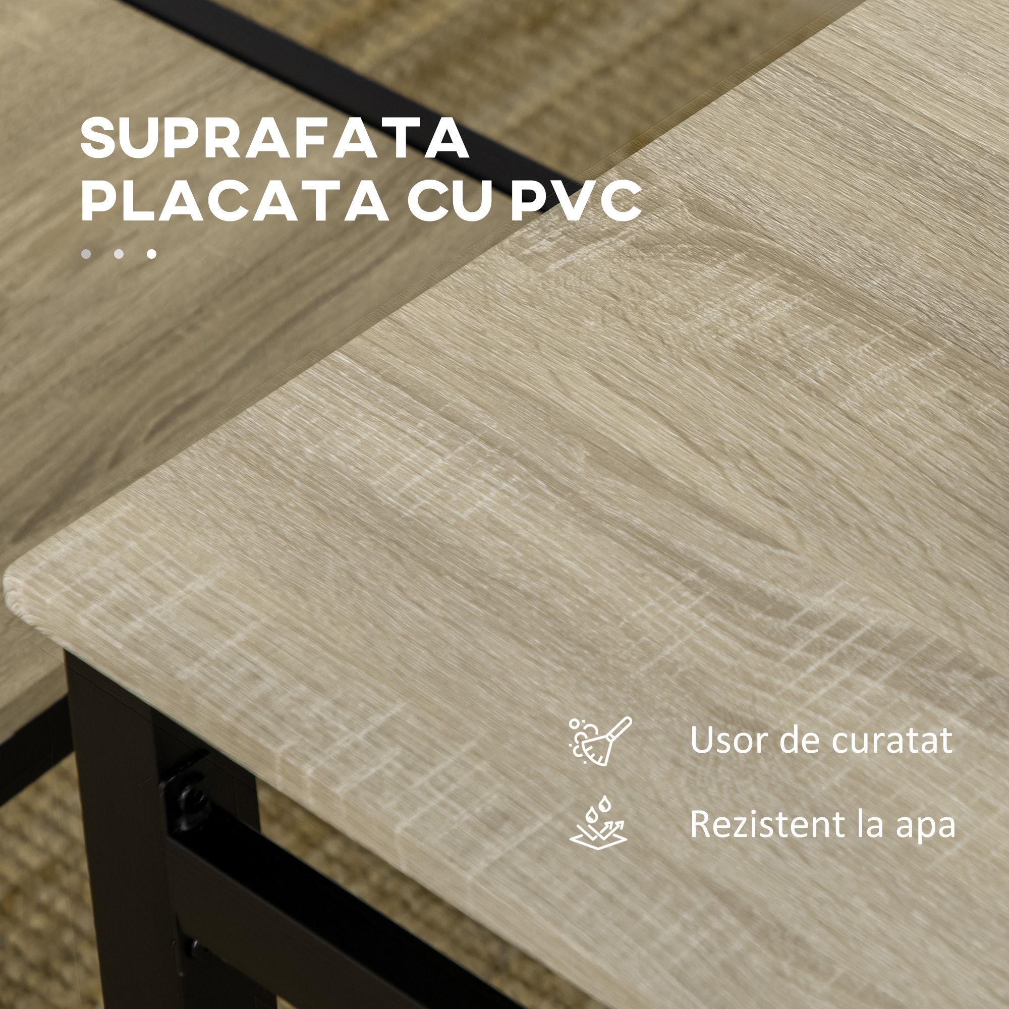  Set de masa din 5 Piese cu 1 masa dreptunghiulara 100x63x76.5 cm si 4 Scaune 45x40x82 cm, din otel si MDF, Negru si lemn natural [5]