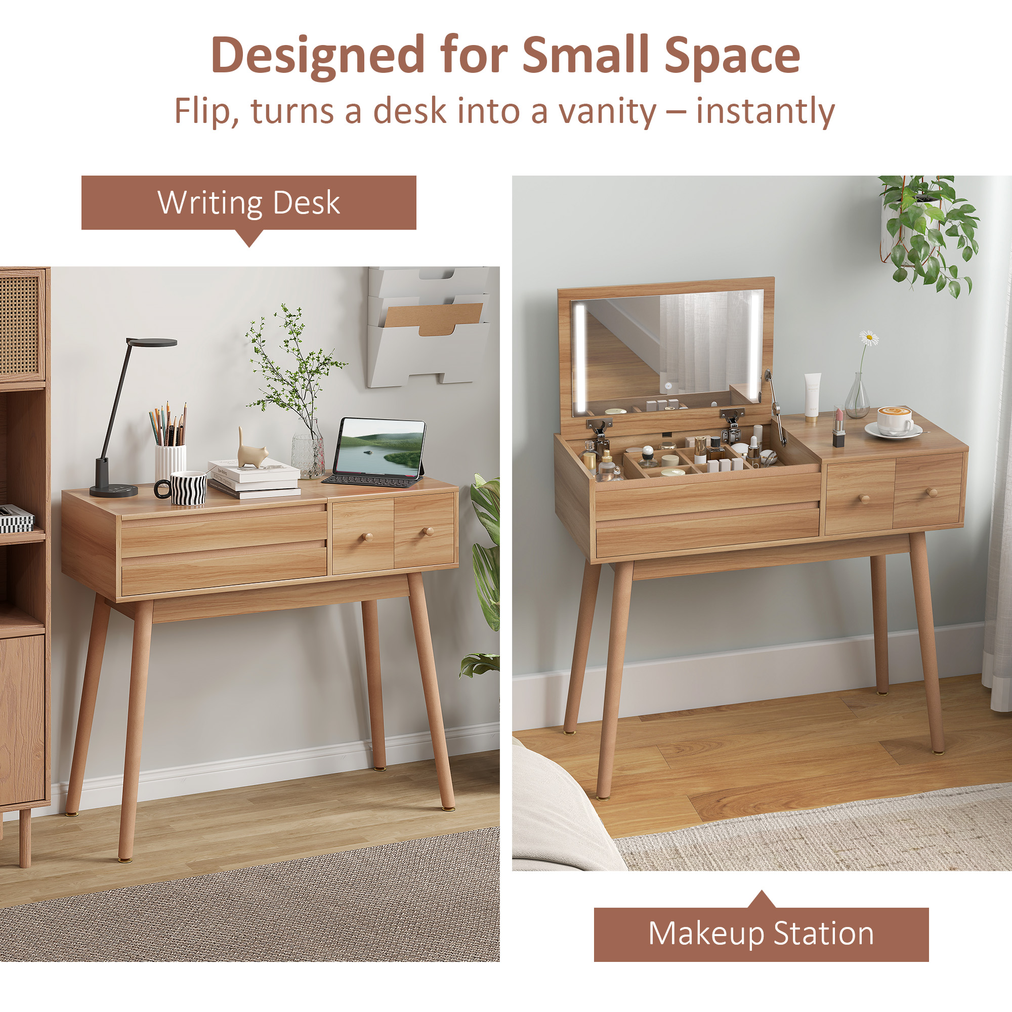  Masa de Toaleta cu Oglinda si Lumini LED, Spatiu de Depozitare din Lemn, 100x40x87 cm [3]