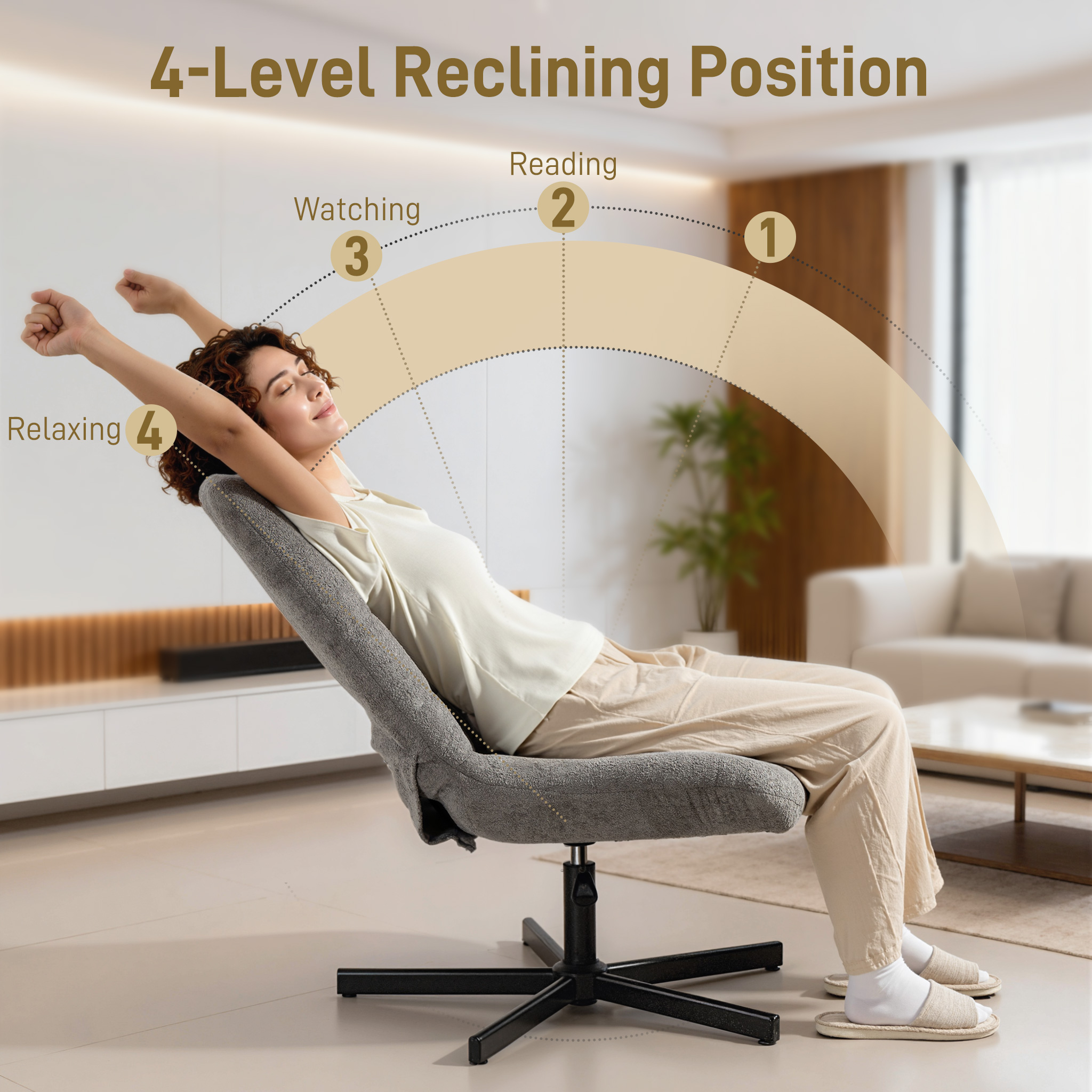  Fotoliu Reclinabil cu 4 Niveluri si Suport pentru Picioare Independent, Material Catifelat, 66x80x93-104 cm, Gri [3]