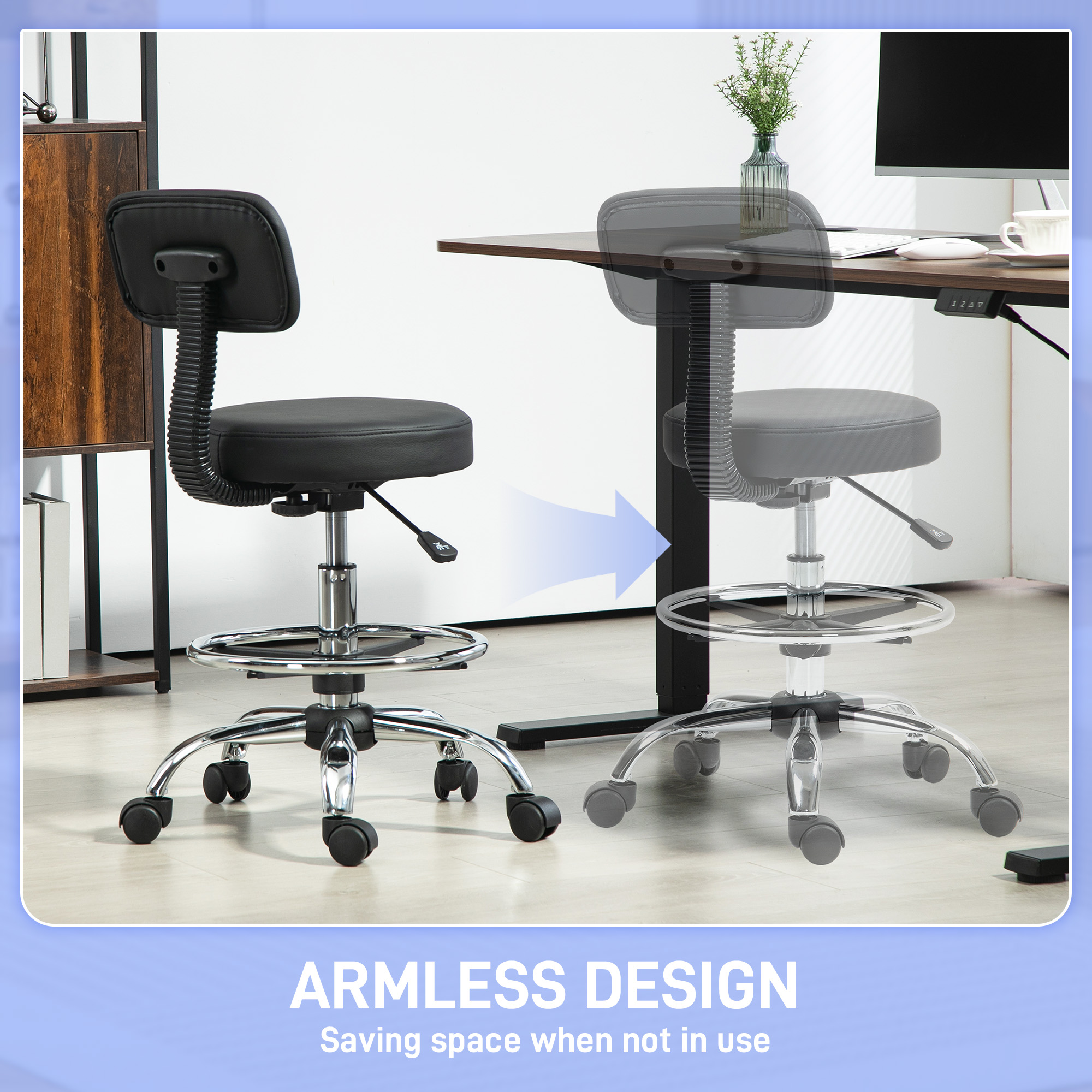  Scaun rotativ cu inaltime reglabila si suport pentru picioare, din otel, piele ecologica si spuma, 52x52x78-92 cm, negru [5]