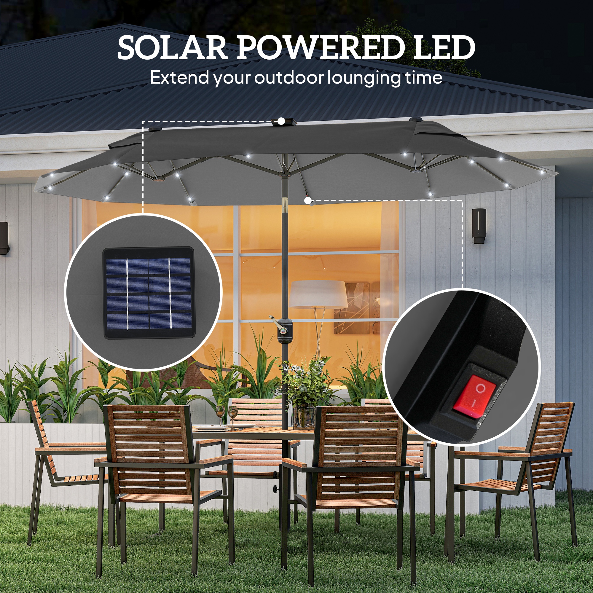  Umbrela dubla cu baza in forma de cruce si lumini solare, 295x150x219cm, gri [7]