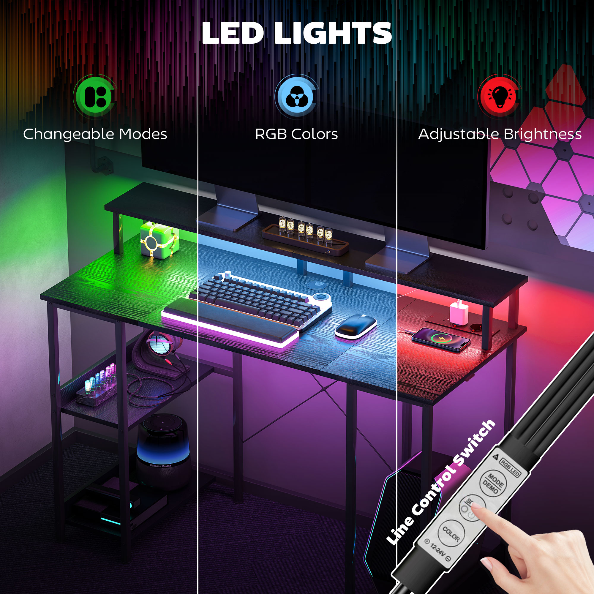  Birou Reversibil pentru Calculator cu Prize, Lumini LED, Suport Dublu si Rafturi Reglabile, 120x50x89,5 cm, Negru [4]