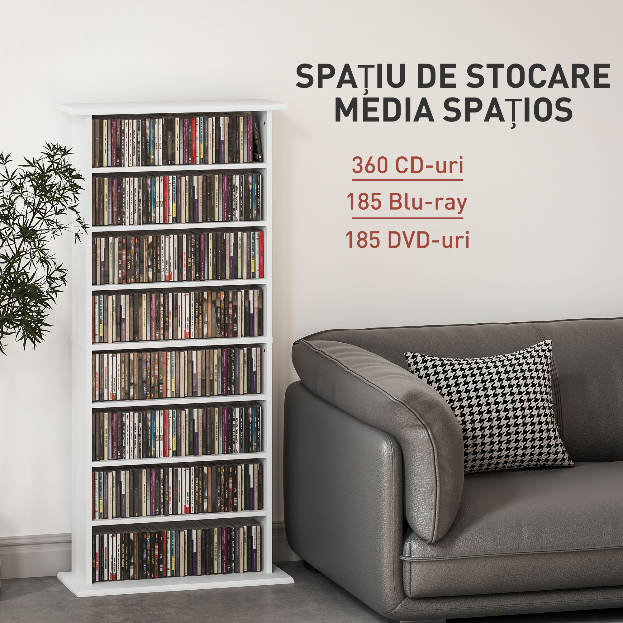  Raft pentru CD-uri cu 6 rafturi reglabile, capacitate de 360 CD-uri/185 DVD-uri, 58x24x124.5 cm, alb [3]