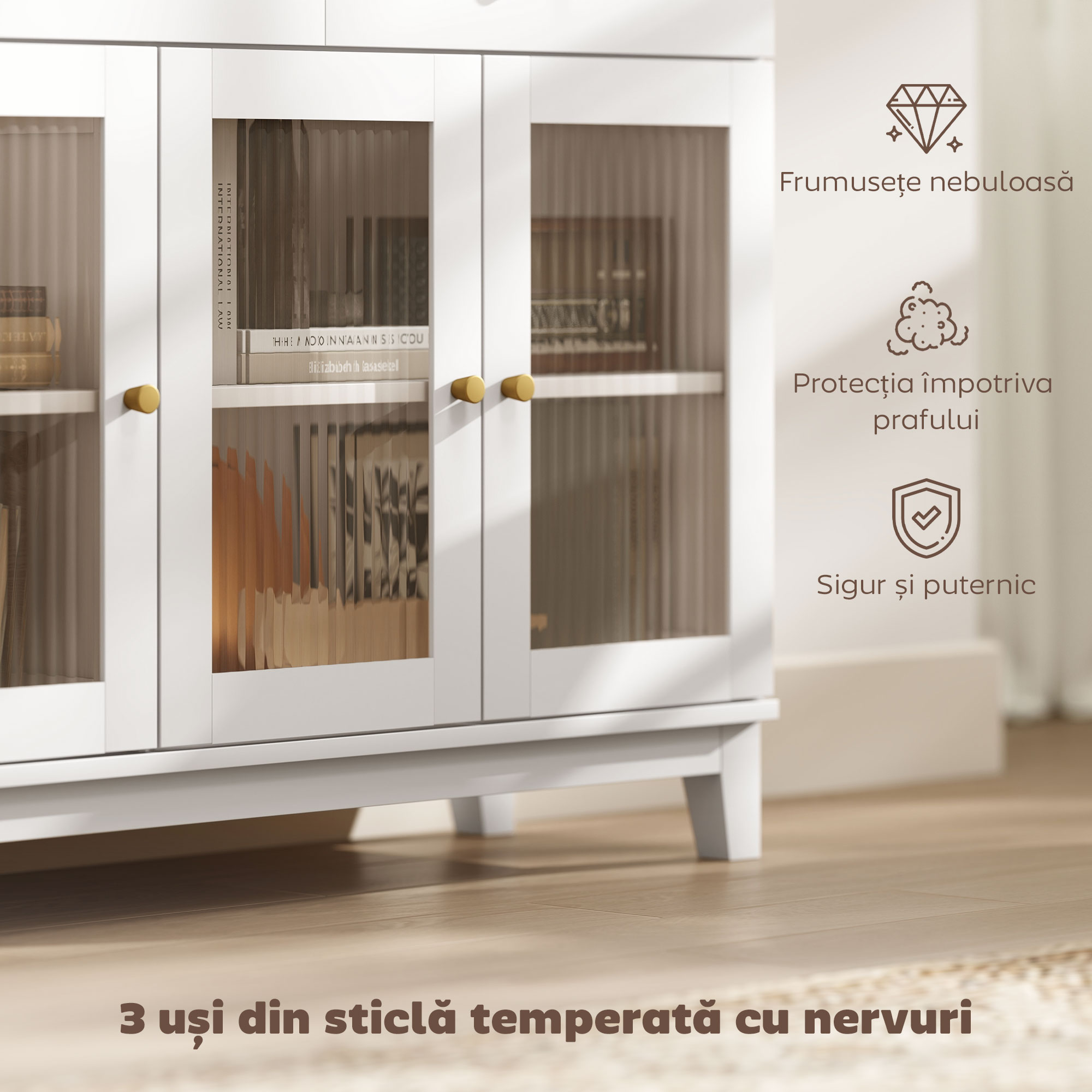  Comoda Bucatarie cu 2 Dulapuri si 2 Sertare, Usi din Sticla Temperata santata, Bufet pentru Living cu Rafturi Reglabile, pentru Sufragerie, 100x35x80.3 cm, Alb si Stejar [6]