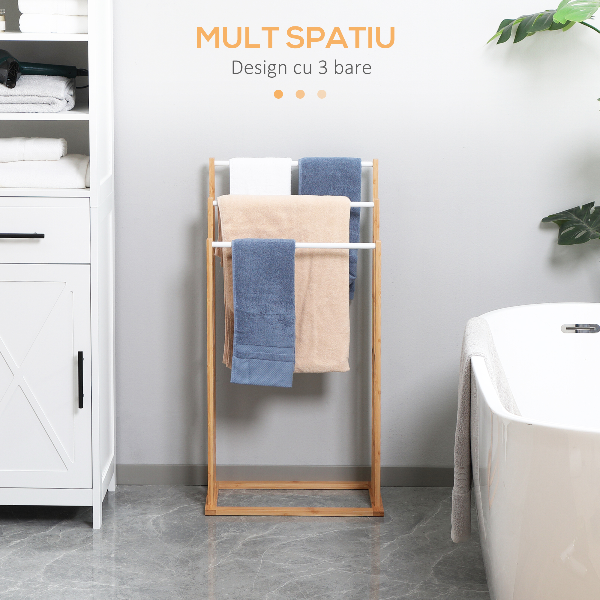  Suport pentru prosoape din bambus cu 3 bare, suport pentru prosoape pe trei niveluri care economiseste spatiu pentru baie si spalatorie, natural [3]