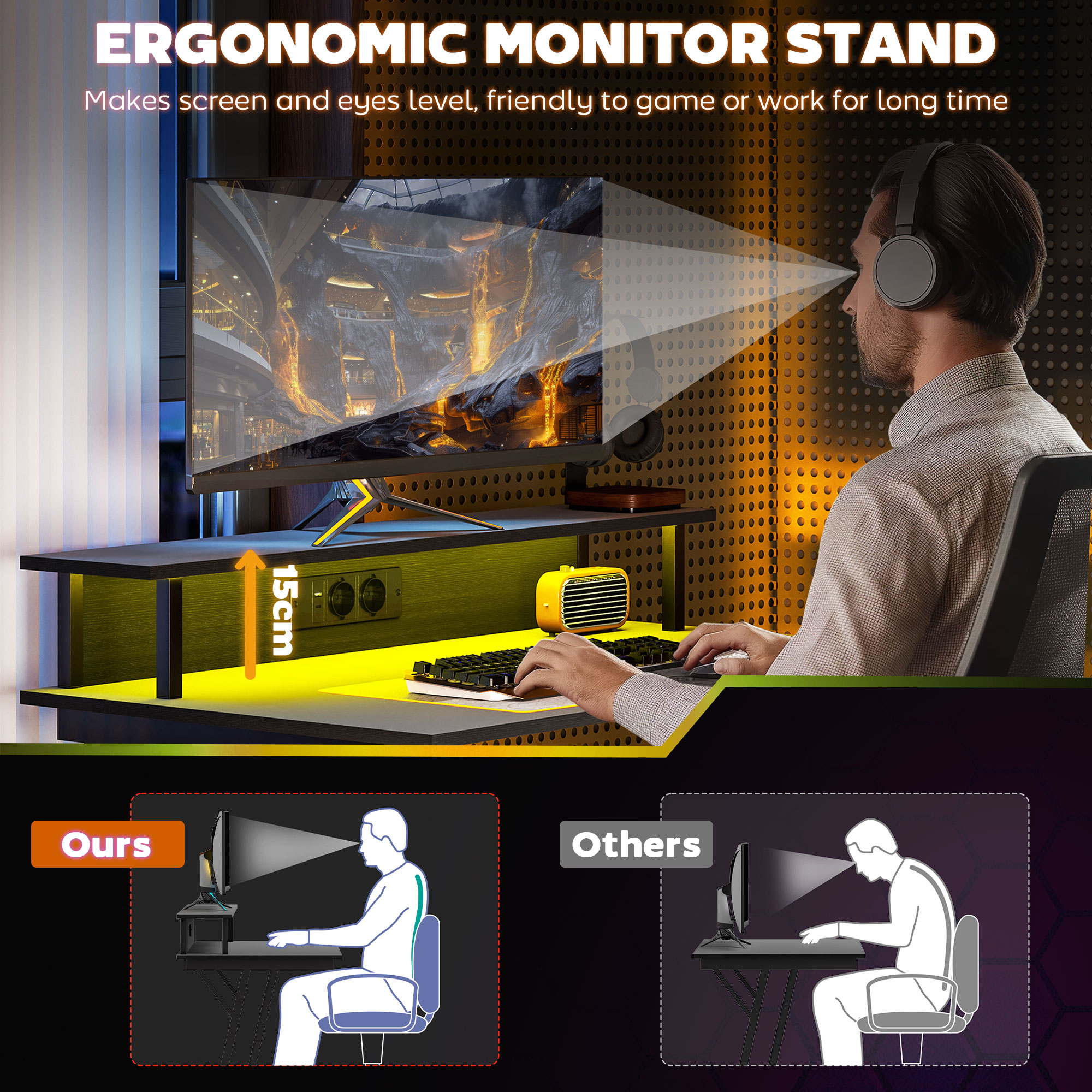  Birou Gaming cu Lumini LED si Suport pentru Monitor, din PAL si Otel, 100x60x88.5 cm, Negru [5]