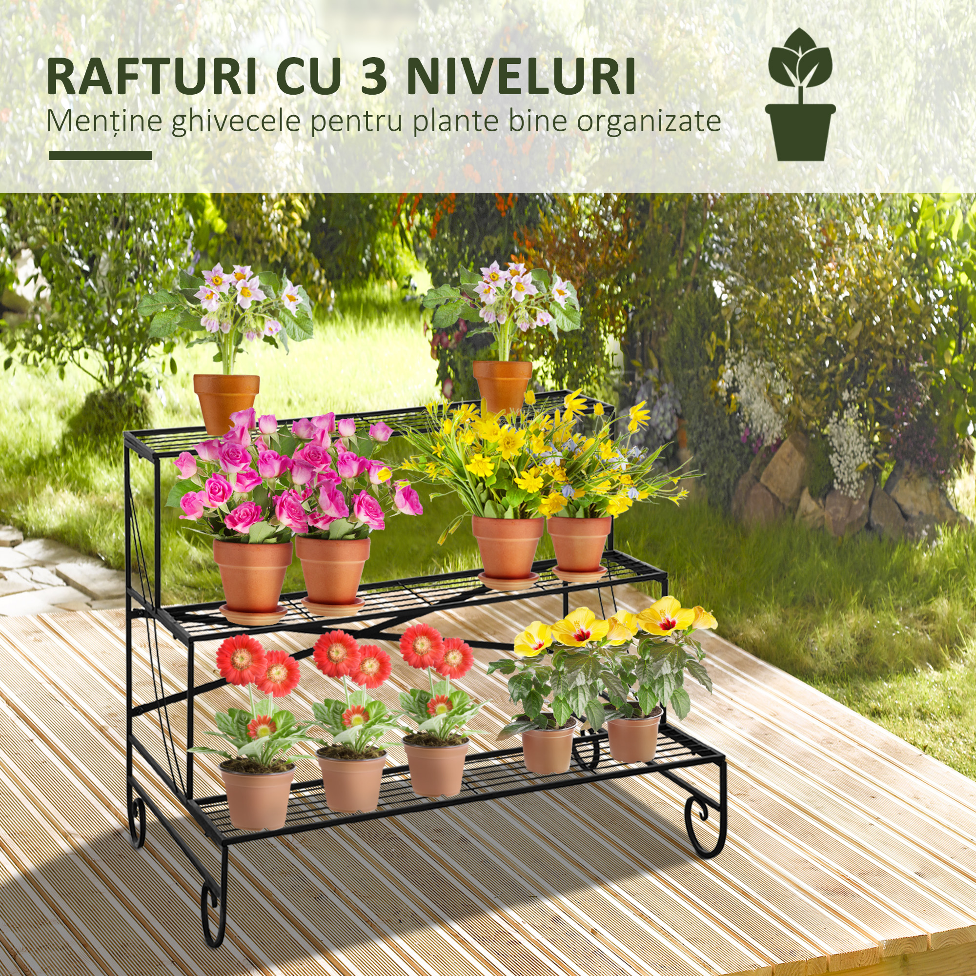  Suport pentru Plante din Fier Forjat, Scara Suport pentru Ghivece pentru Exterior pe 3 Niveluri, Negru [3]