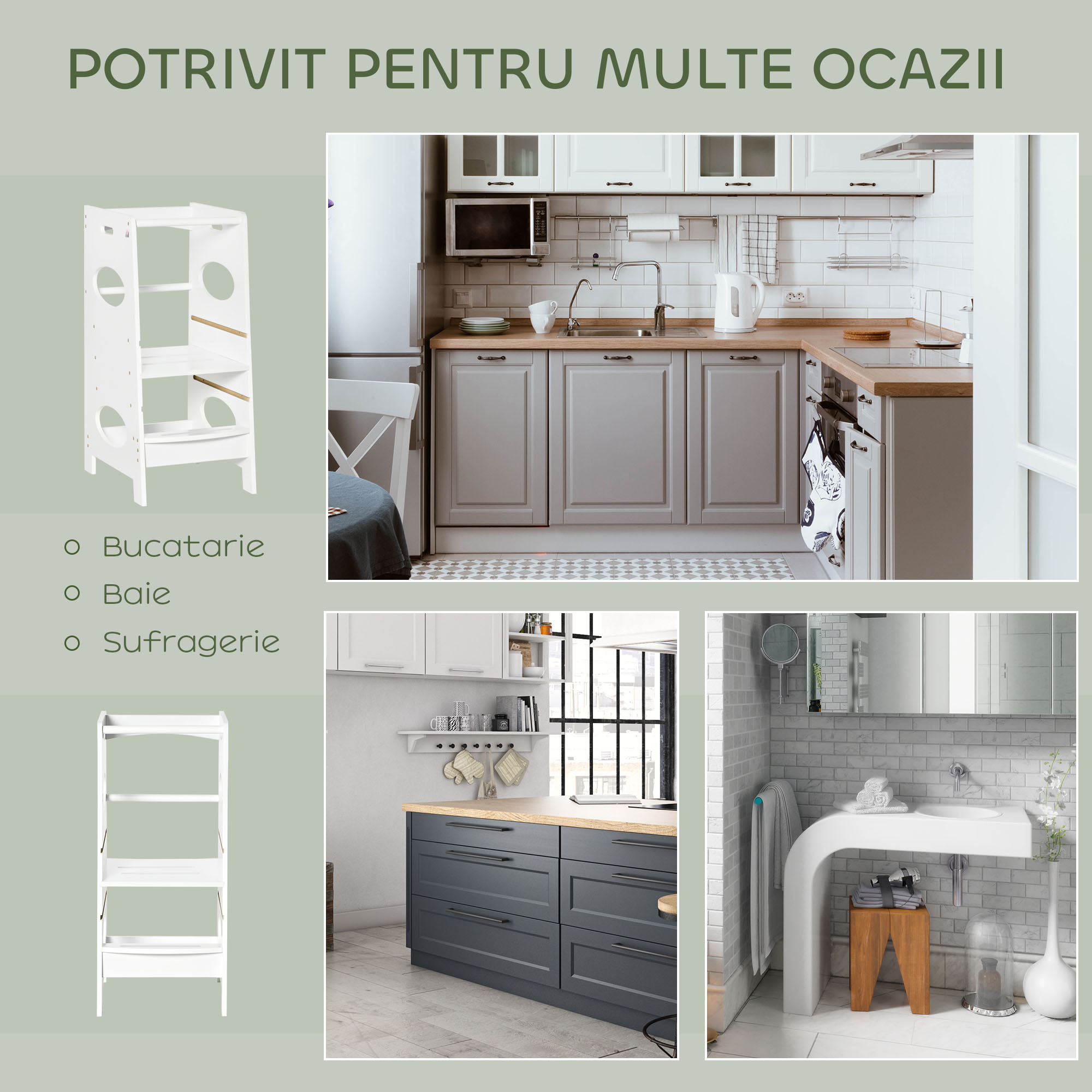  Turn Montessori pentru Copii, Learning Tower cu inaltime Reglabila pe 3 Niveluri, MDF, 40×50×90 cm, Alb [5]