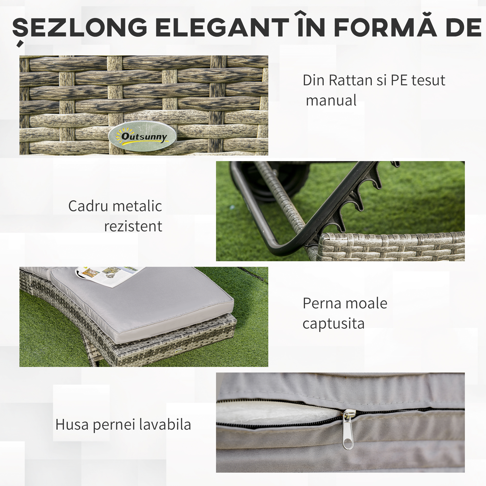  Sezlong de Gradina din Ratan PE, Sezlong pentru Plaja cu Spatar Reglabil si perna Capitonata, 207x70x70cm, Gri [5]