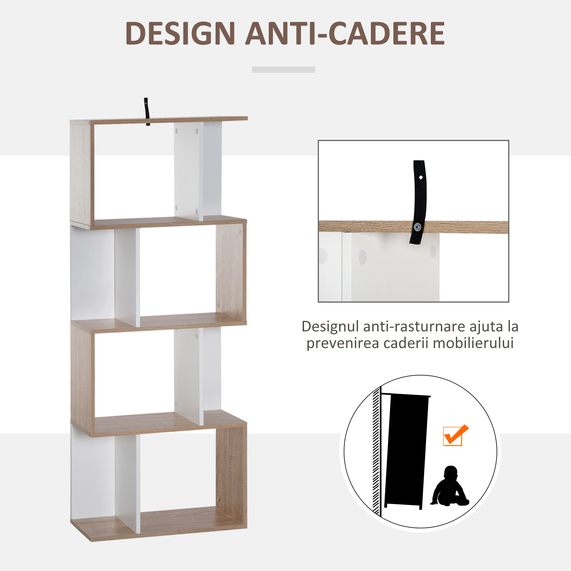  Librarie de Design Modern 4 rafturi Lemn Natural si Alb, 60x24x148cm [3]