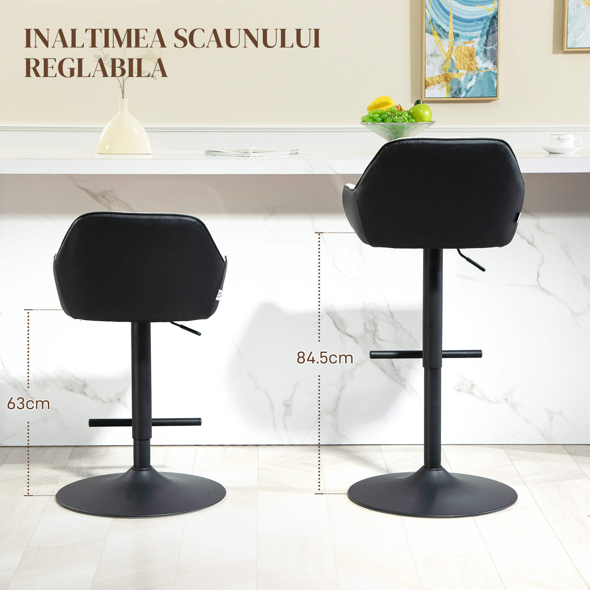  Set 2 Scaune Tapitate Reglabile pe inaltime cu Spatar si Brate, 52,5x53x86,5-108 cm, Negru si Gri Deschis [4]