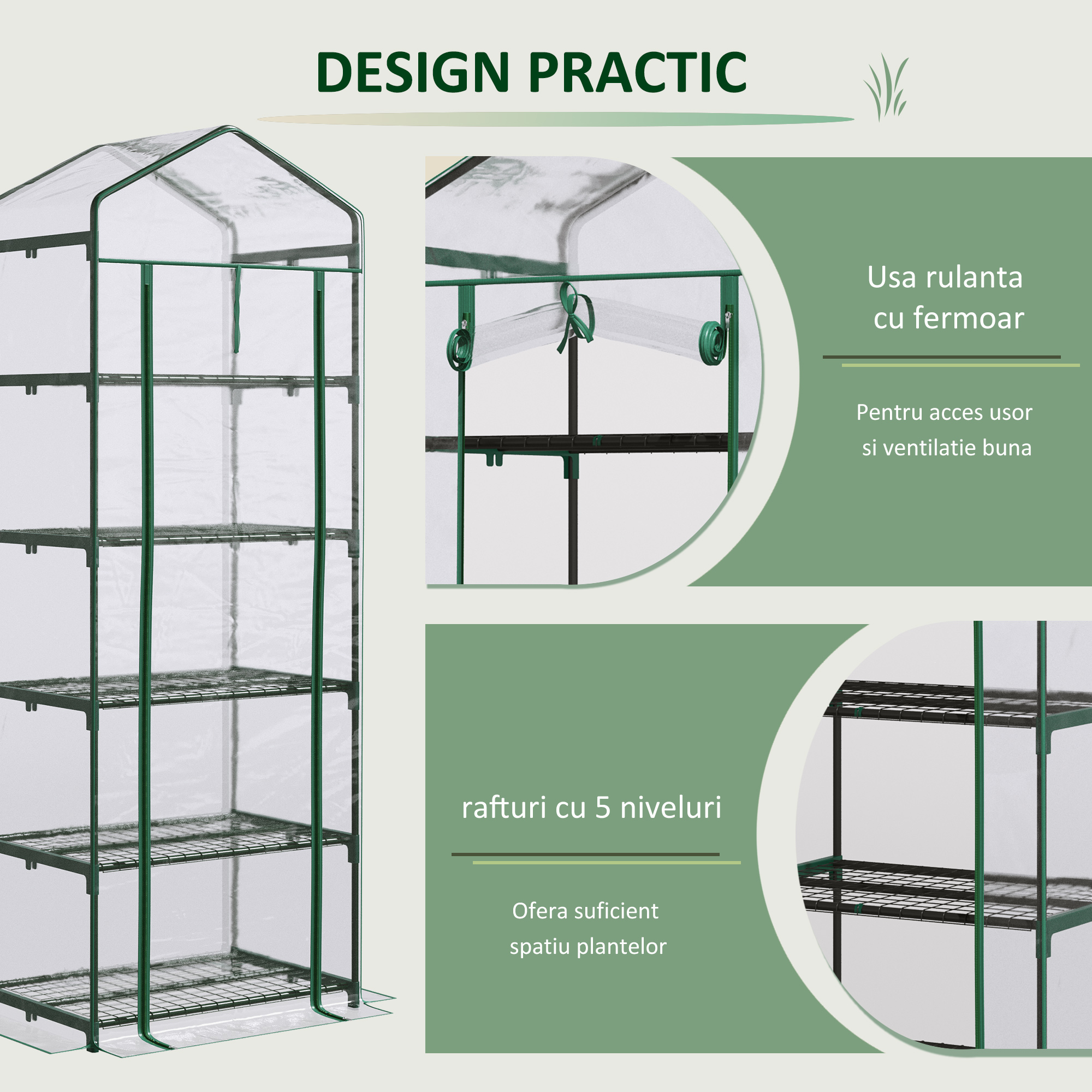  Mini Sera pentru Plante cu 5 Etajere din Otel cu Copertina din PVC, 69x49x193cm [4]