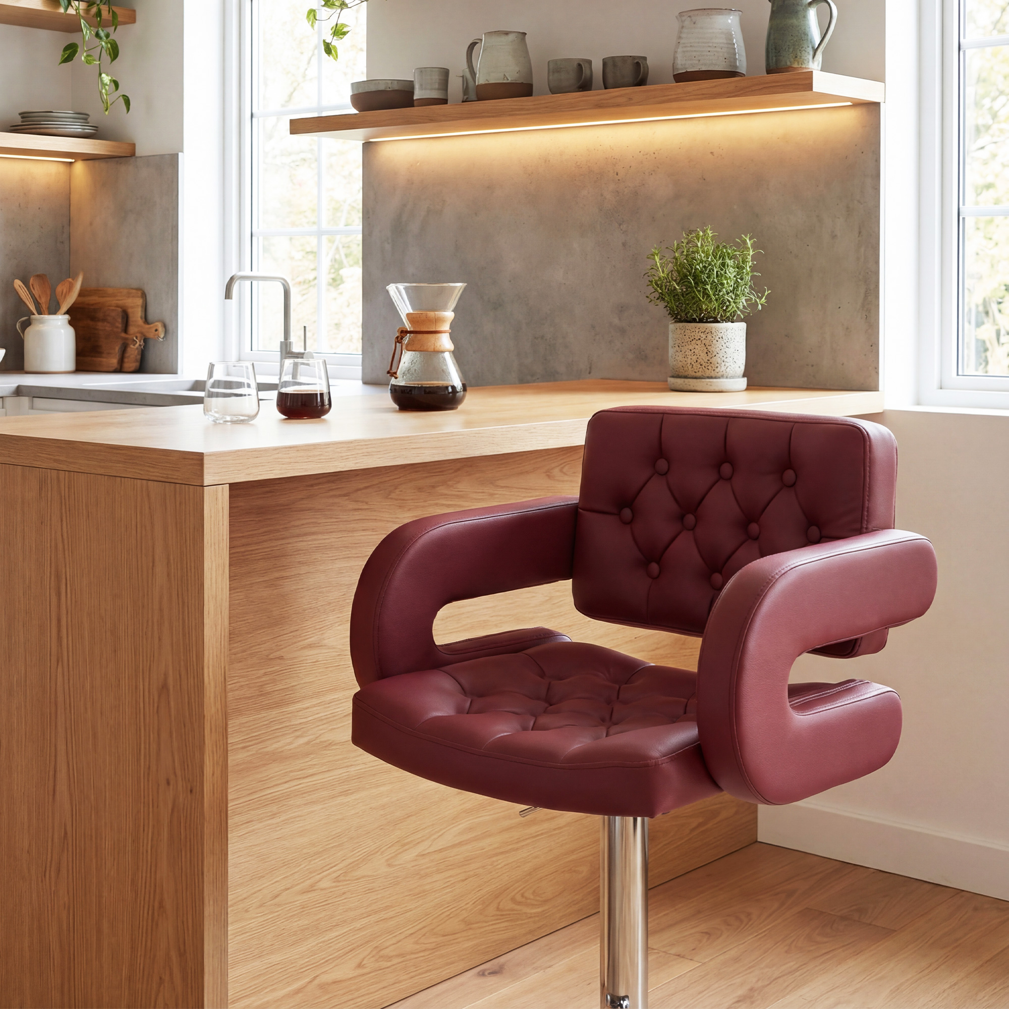  Scaun de Bar cu inaltime Reglabila, Scaun de Bucatarie inalt din PU cu Spatar, Suport pentru Picioare, Cotiere si sezut Confortabil, Structura Metalica, Rotativ la 360°, pentru Insula, Rosu Vin [8]