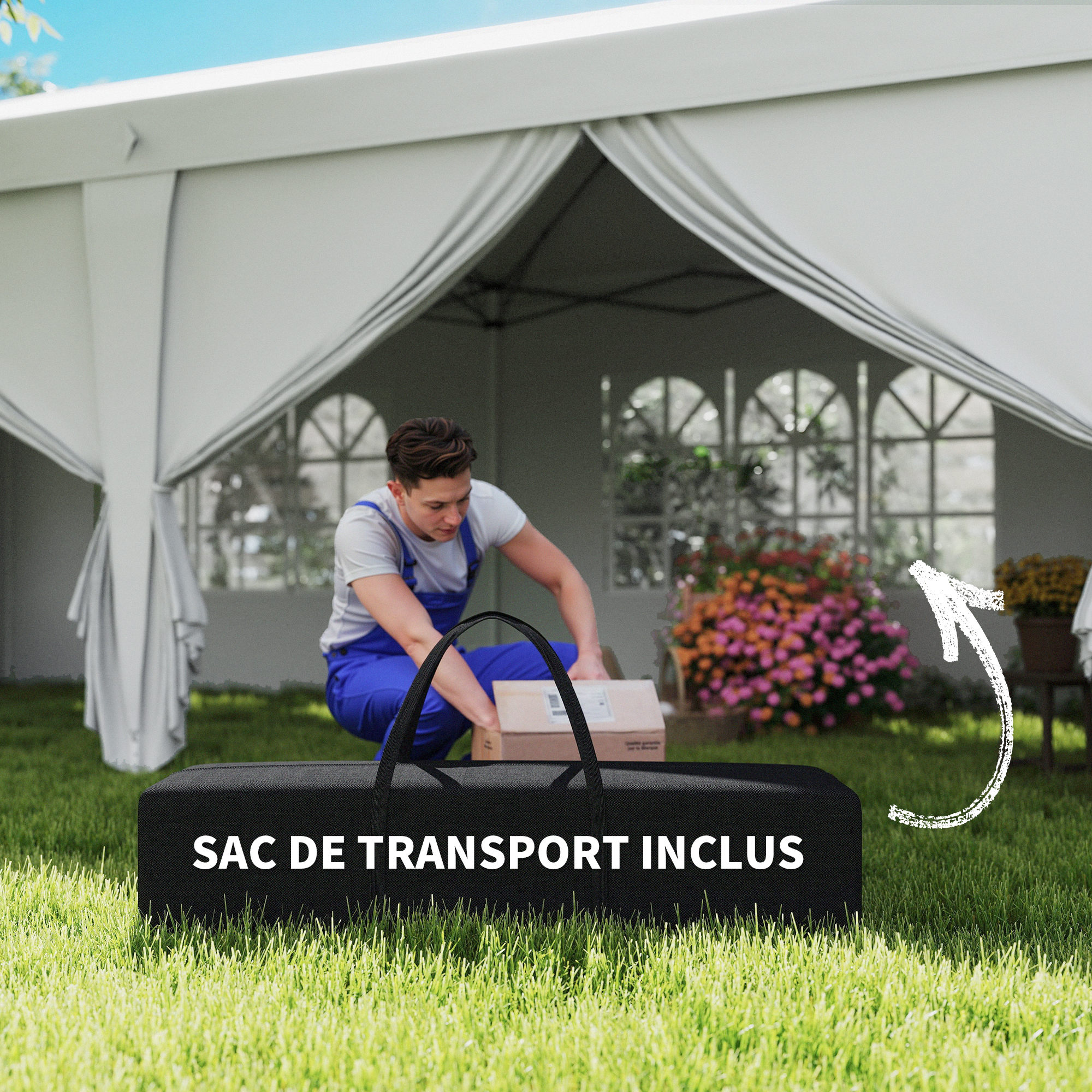  Pavilion 6x3 m pliabil de gradina cu 6 pereti laterali din otel si material Oxford, cu franghii si tarusi, alb [6]