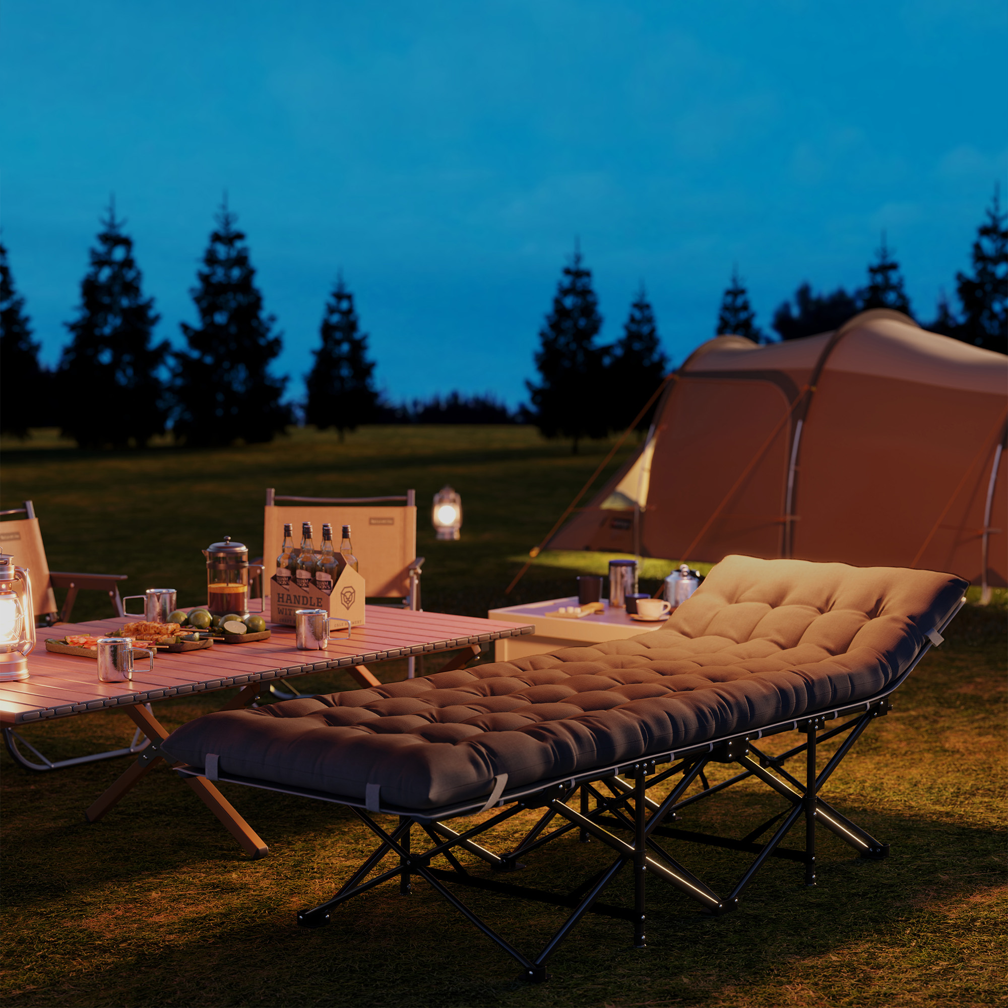  Pat de Camping Pliabil cu Suport pentru Cap inclinat si Saltea Detasabila, 196x68x37 cm, Negru [7]