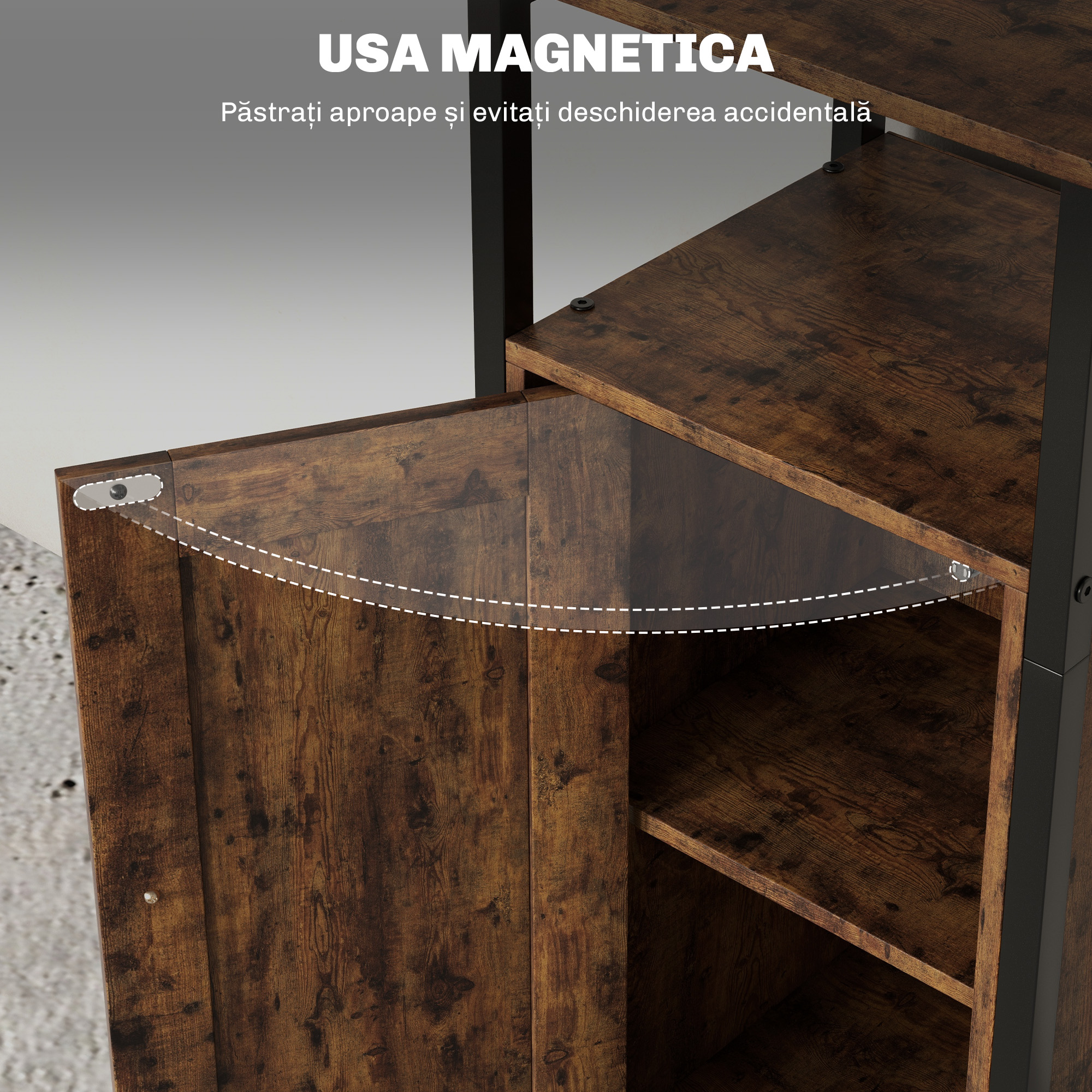  Noptiera in Stil Industrial cu 2 Rafturi Deschise si Raft Interior Reglabil pe 3 Nivele, 34x30x80 cm, Maro Rustic [6]