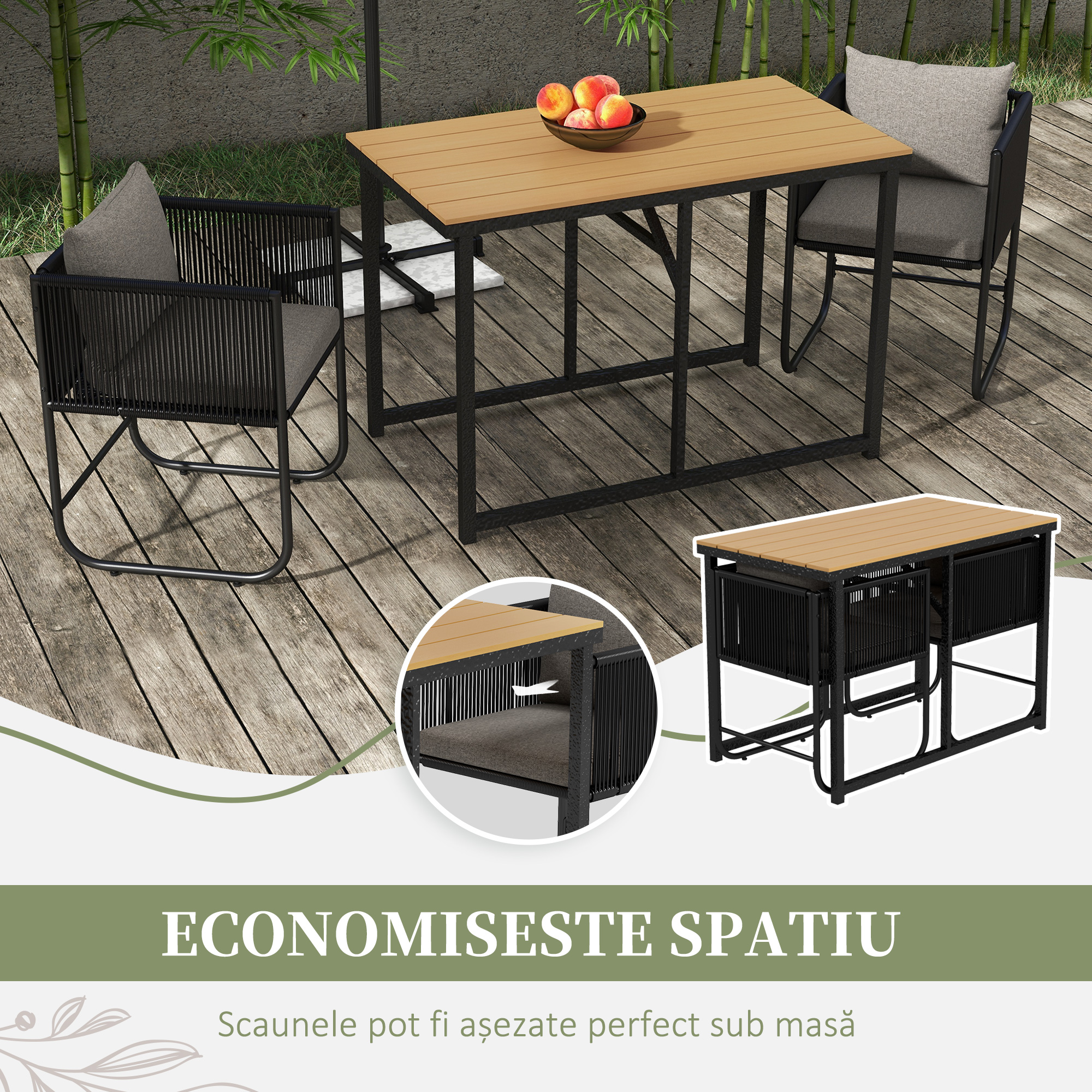  Set de dining din 3 piese din ratan pentru terasa, Masa [4]
