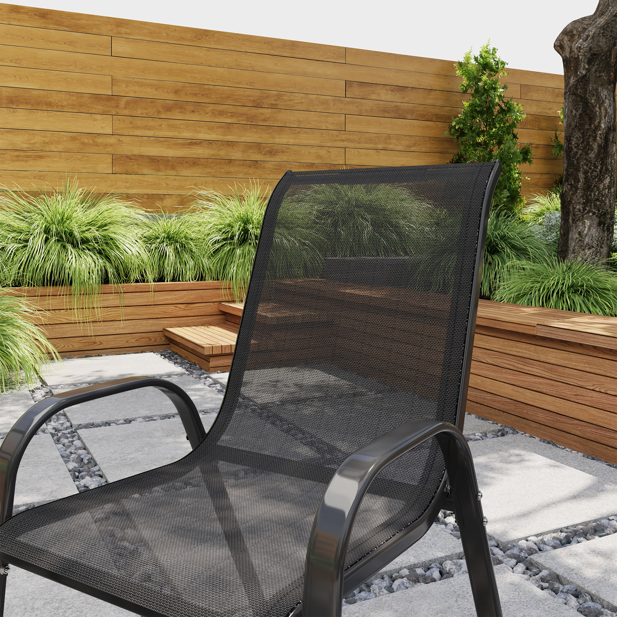  Set de 2 Scaune de Exterior pentru Pranz, Scaune Suprapozabile cu Spatar inalt, Plasa Respirabila pentru Gradina sau Terasa, Negru [6]