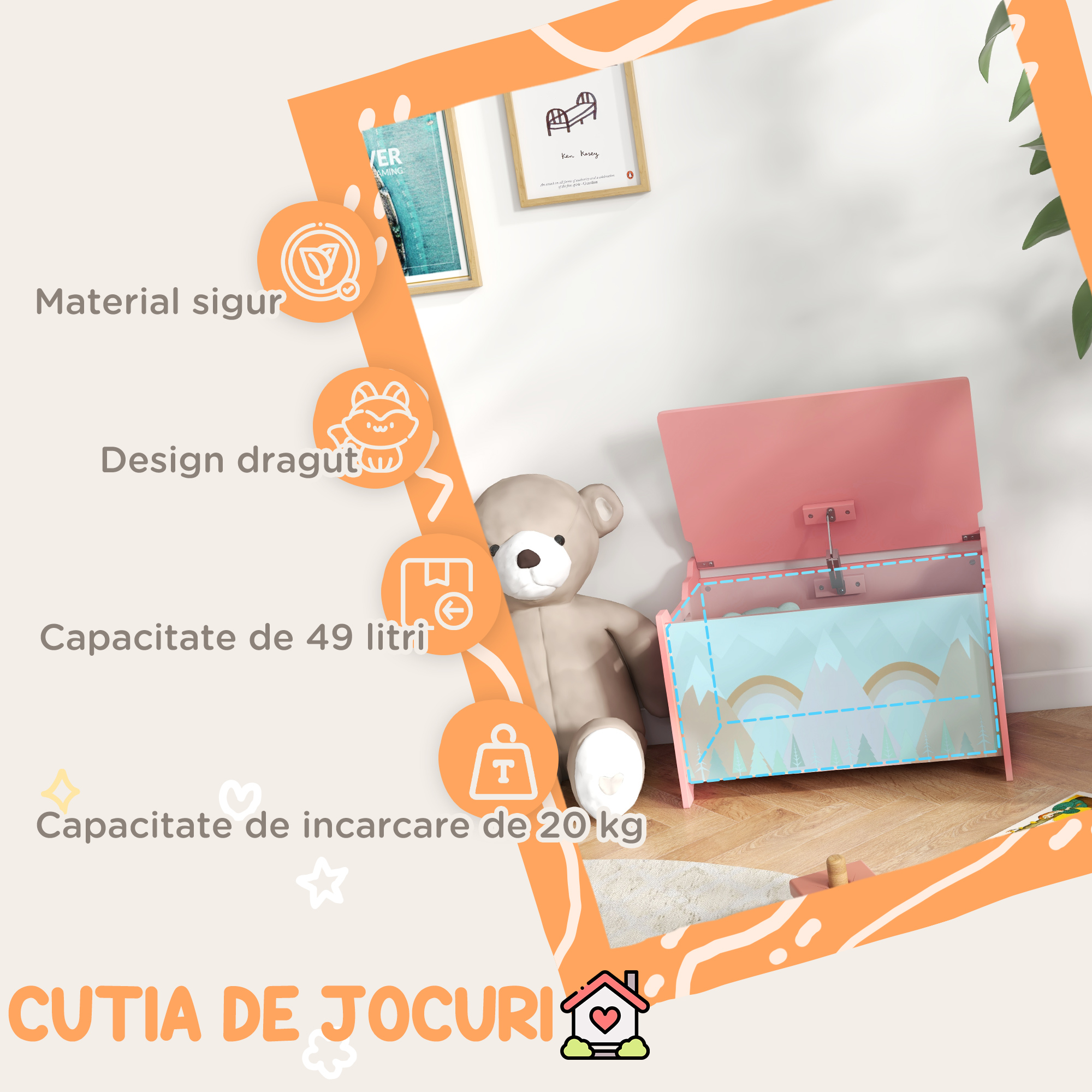 Cufar de jucarii pentru copii , lada din lemn MDF cu capac si balama de siguranta, 60x37x39cm, de culoare roz [3]