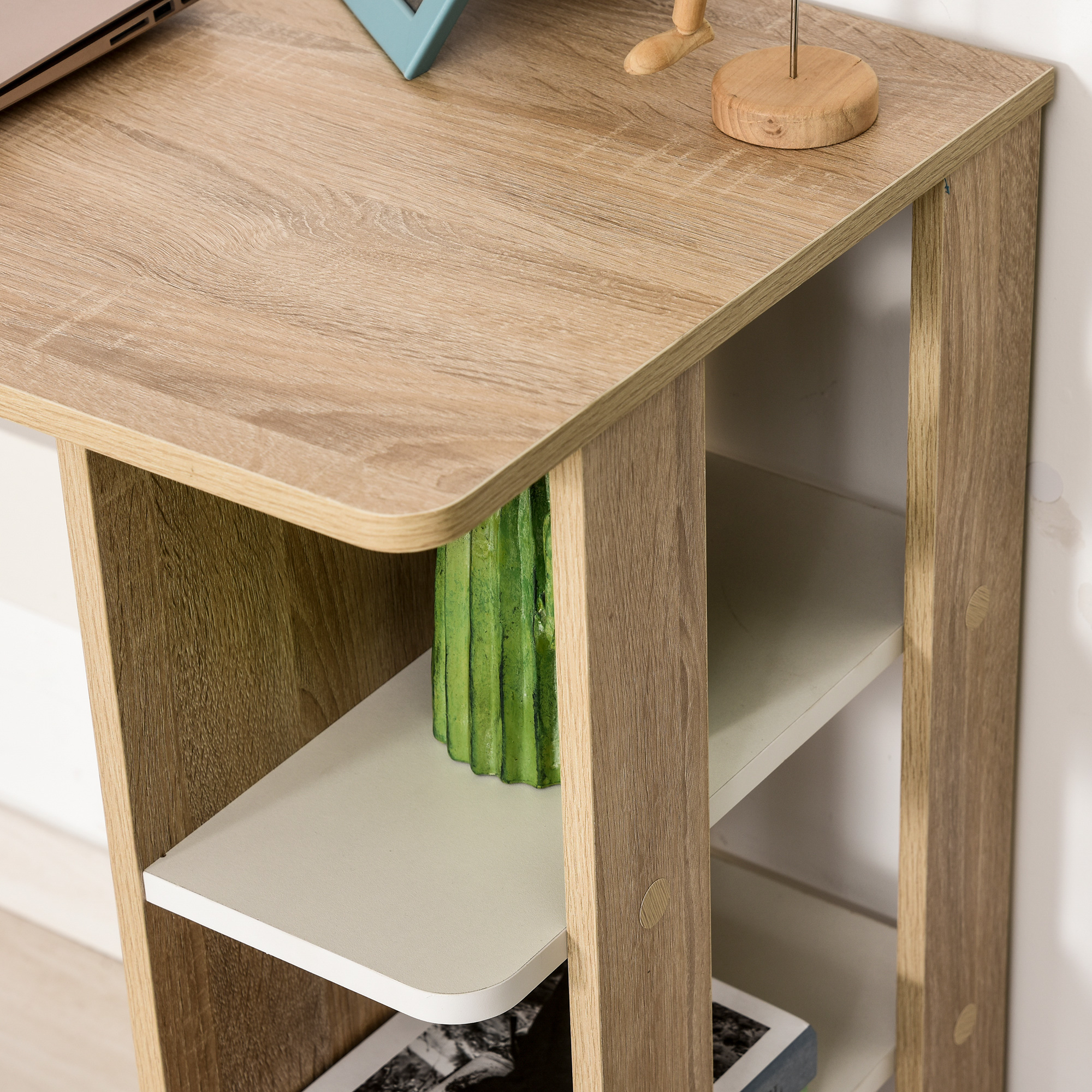  Birou Modern din Lemn cu Raft cu 3 Etaje, 100x44x74cm, Alb si Stejar [8]