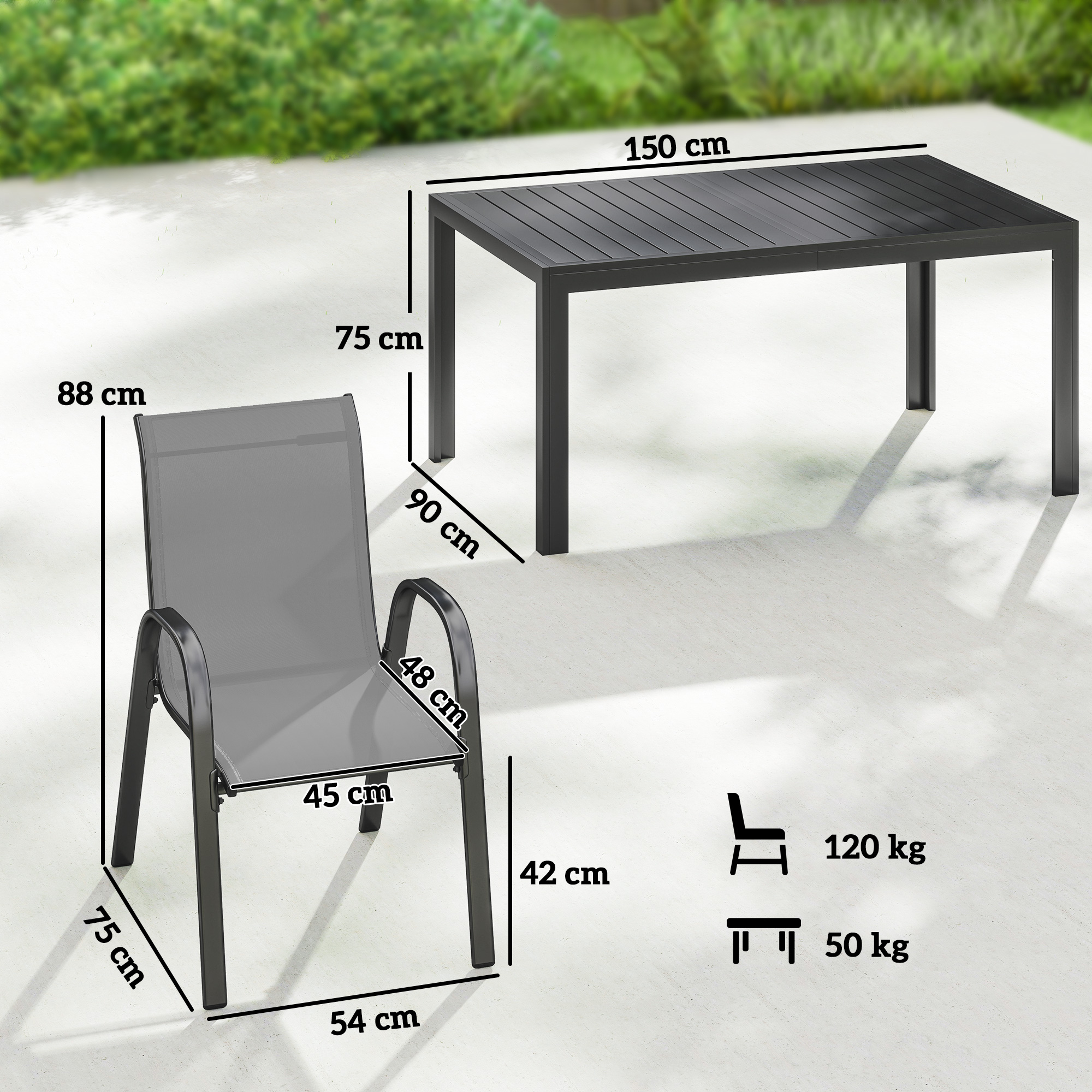  Set Masa si Scaune de Gradina 7 Piese, Set Pranz Exterior cu Masa Dreptunghiulara, 6 Scaune Stivuibile din Textilena, Set Mobilier de Gradina pentru Terasa, Balcon, Patio, Gri Deschis [2]
