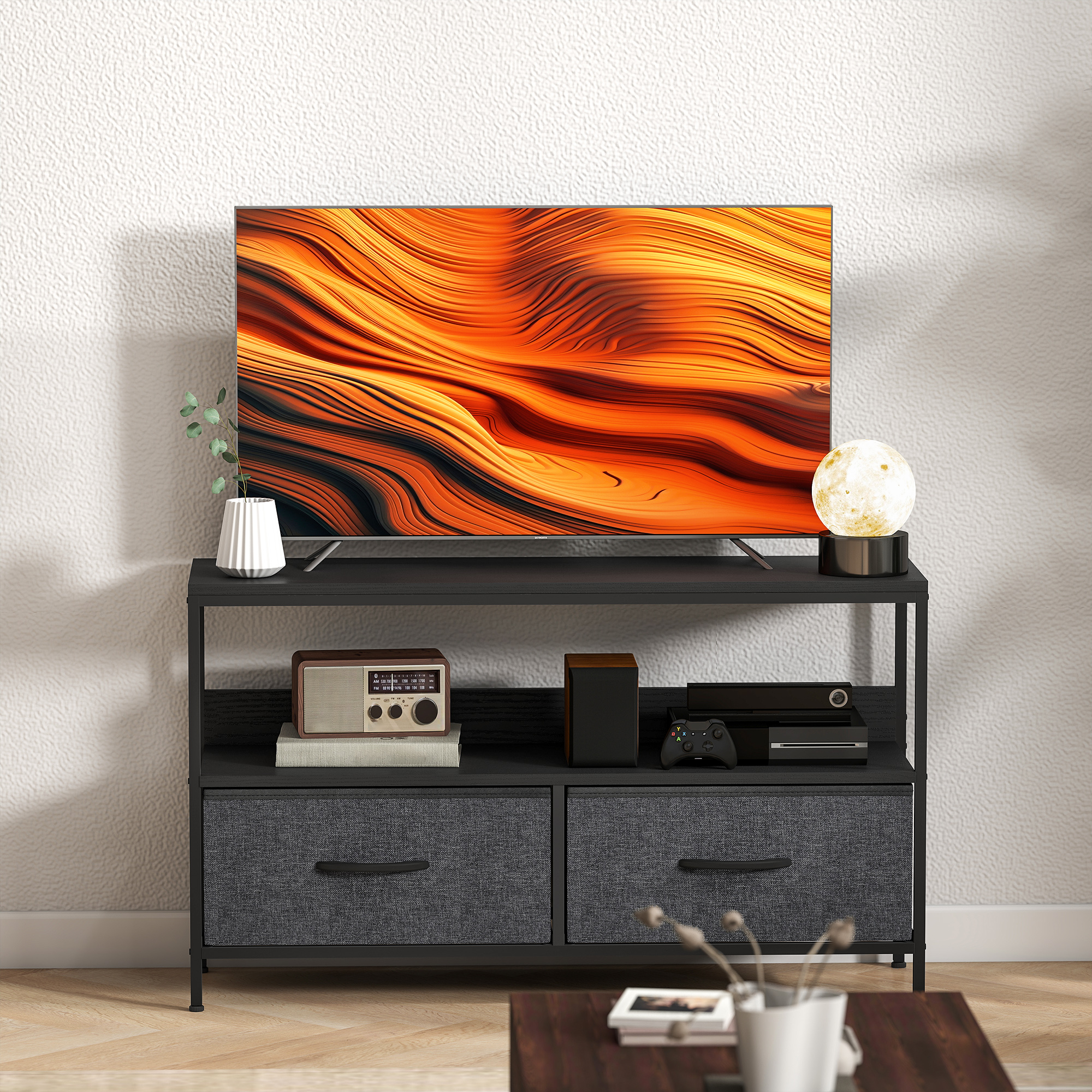  Mobilier pentru Televizor de 47" cu Sertare Pliabile din Material Textil si Raft, 98x29x56 cm, Negru [8]