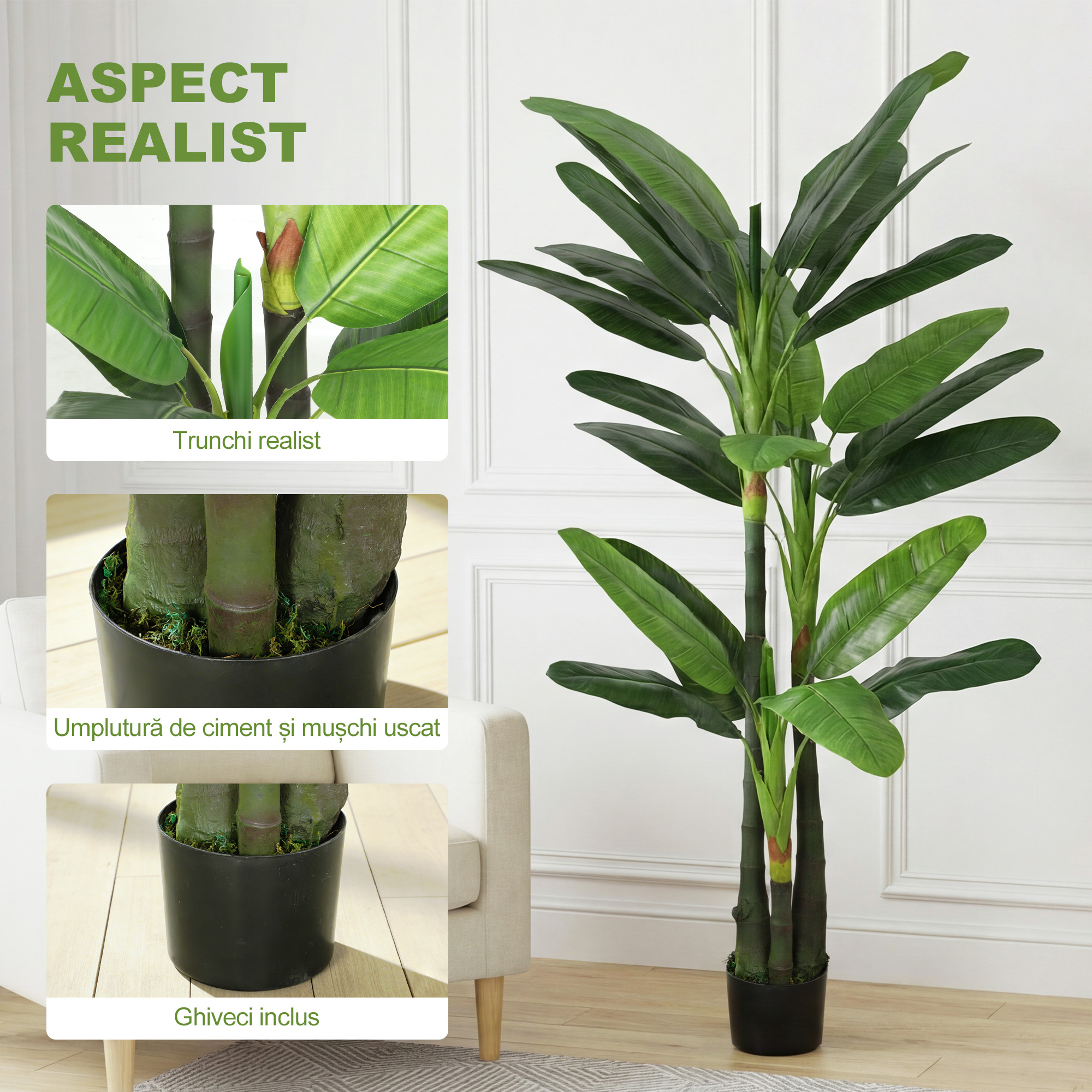  Arbore de Bananier Artificial, Planta Artificiala cu 18 Frunze, 180 cm, Verde [3]