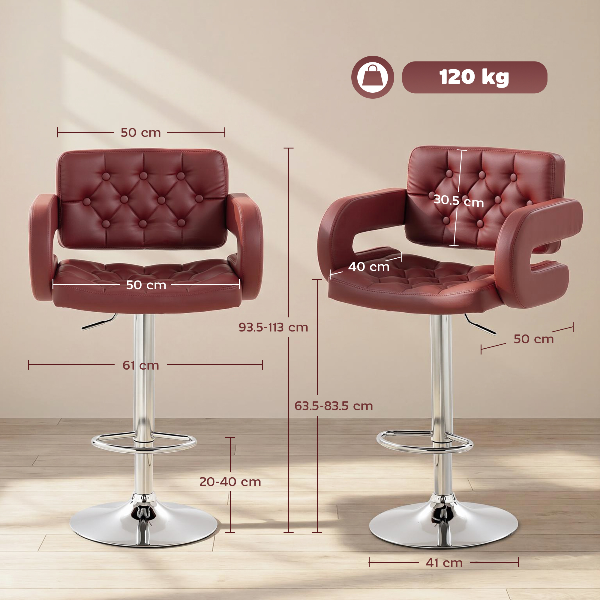  Scaun de Bar cu inaltime Reglabila, Scaun de Bucatarie inalt din PU cu Spatar, Suport pentru Picioare, Cotiere si sezut Confortabil, Structura Metalica, Rotativ la 360°, pentru Insula, Rosu Vin [2]