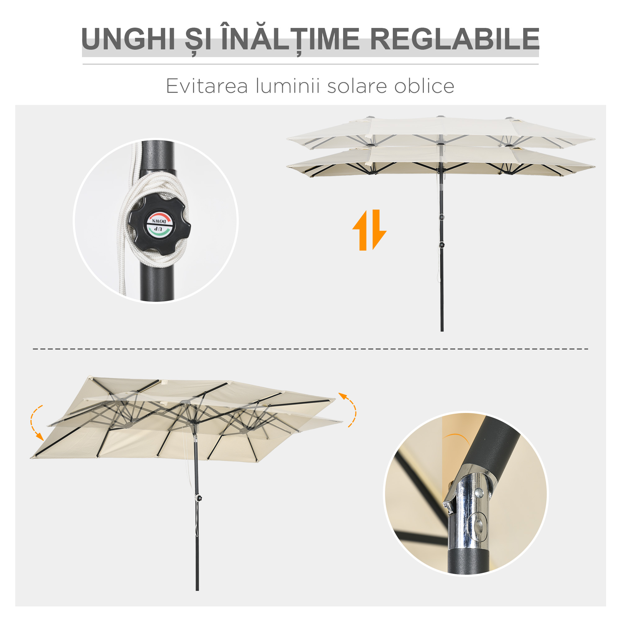  Umbrela Dubla Inclinabila si Reglabila cu Franghie, din Poliester si Metal, 150x295x170-214 cm, Crem [3]