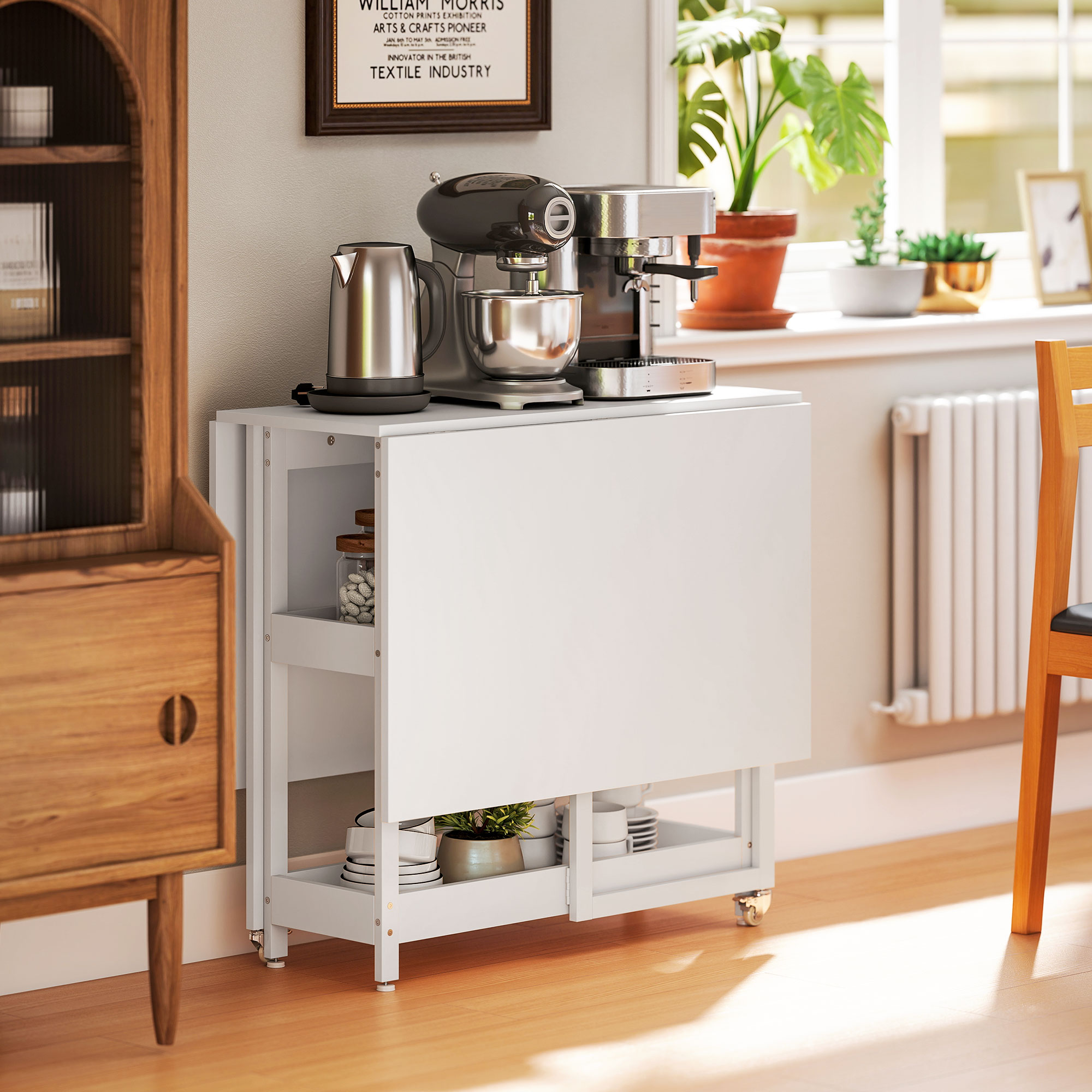 , Masa de Dining Pliabila, Cu 2 Rafturi Deschise, PAL, Metal, 133.4cm x 80cm x 75cm, Alb [6]