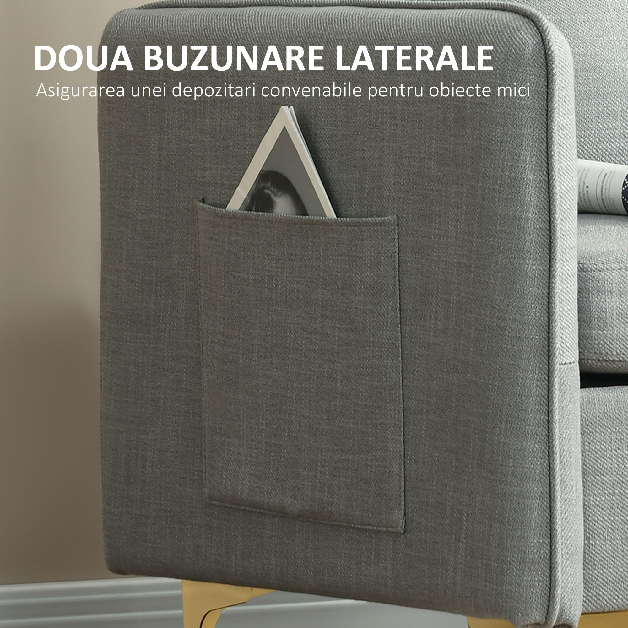  Fotoliu gri din stofa cu captuseala groasa & buzunare laterale [4]
