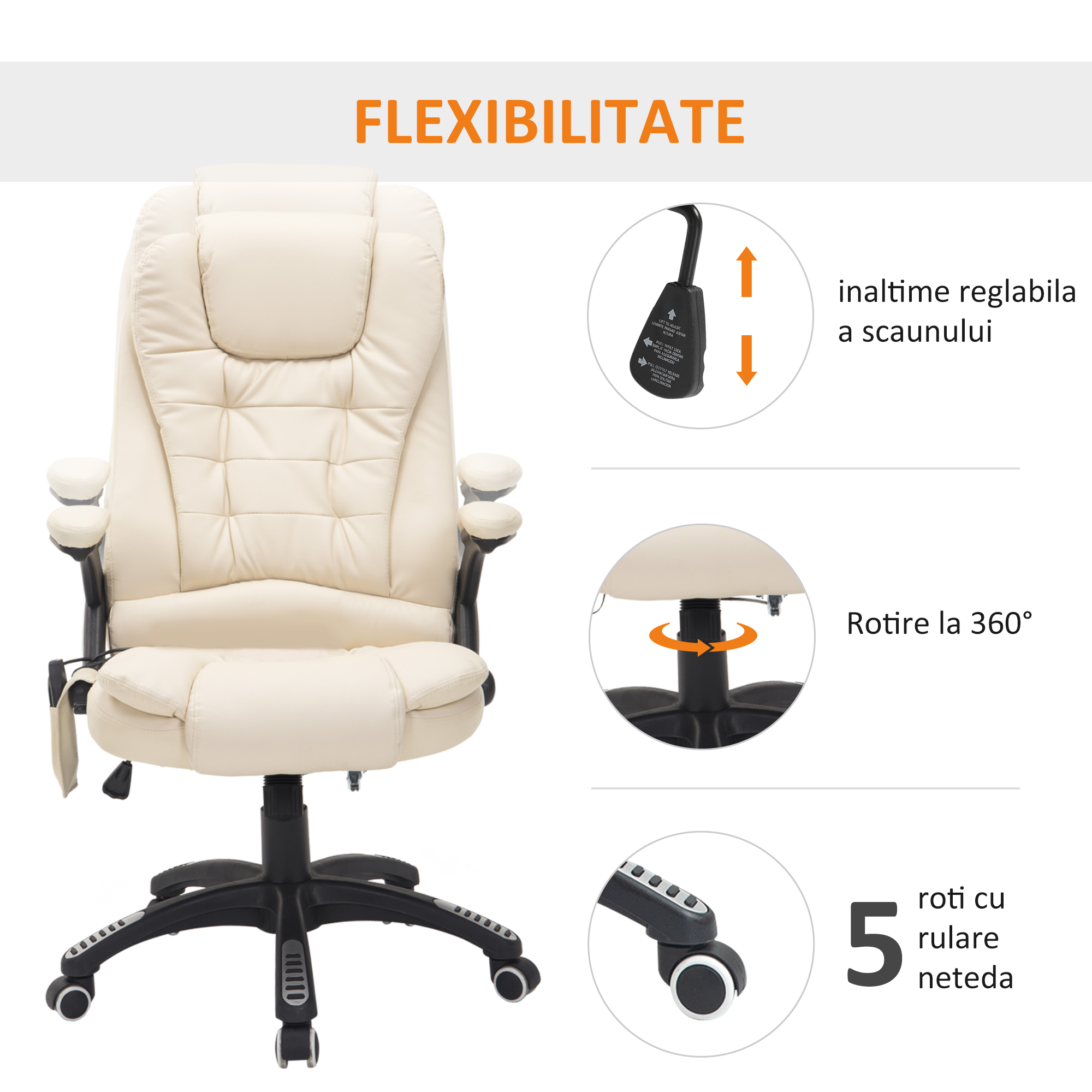  Fotoliu Birou cu Masaj - Piele Bej, Confort Reglabil [6]